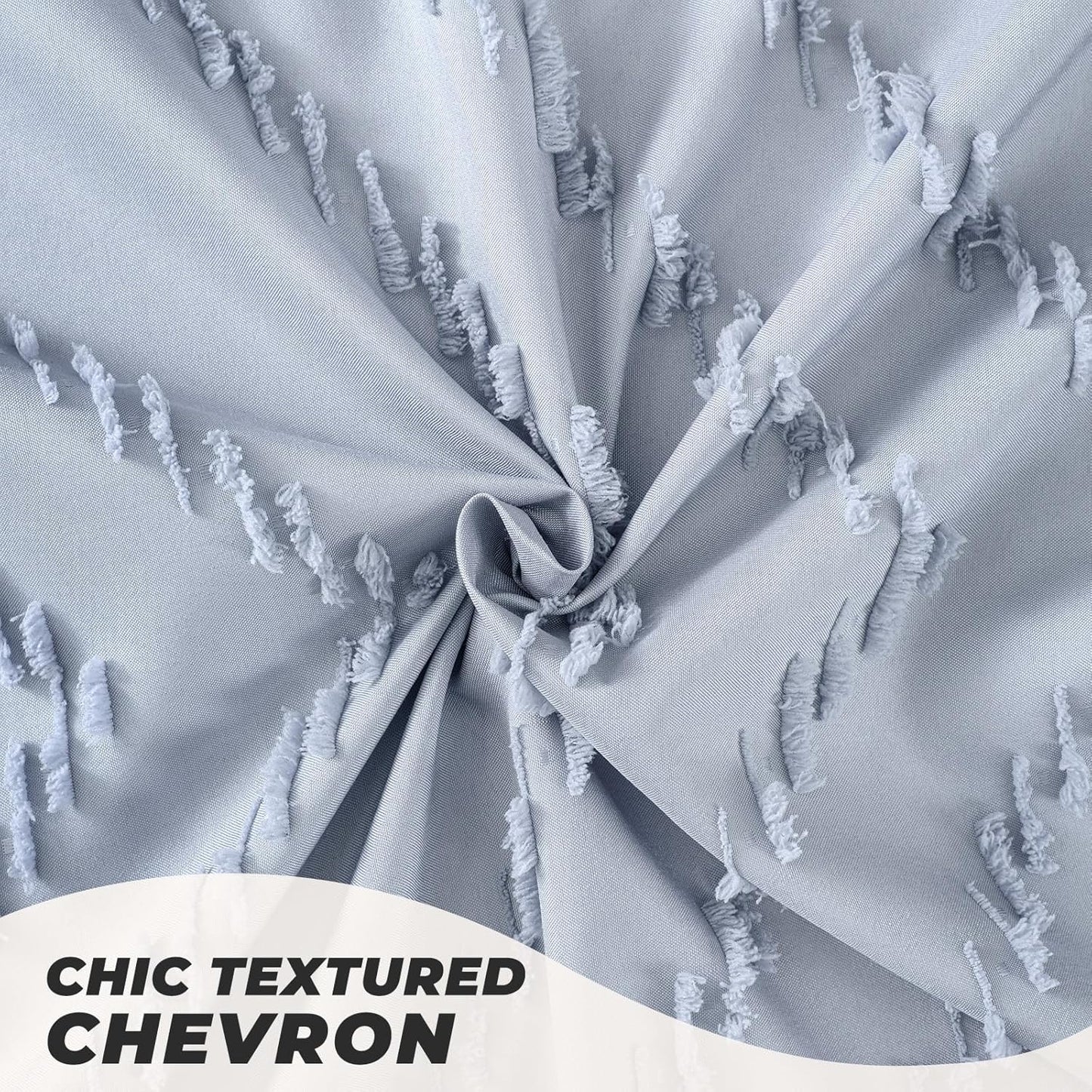 Light Blue Boho Fabric Shower Curtain Tufted Chevron Striped Textured Cloth Curtains for Bathroom, Fog Blue