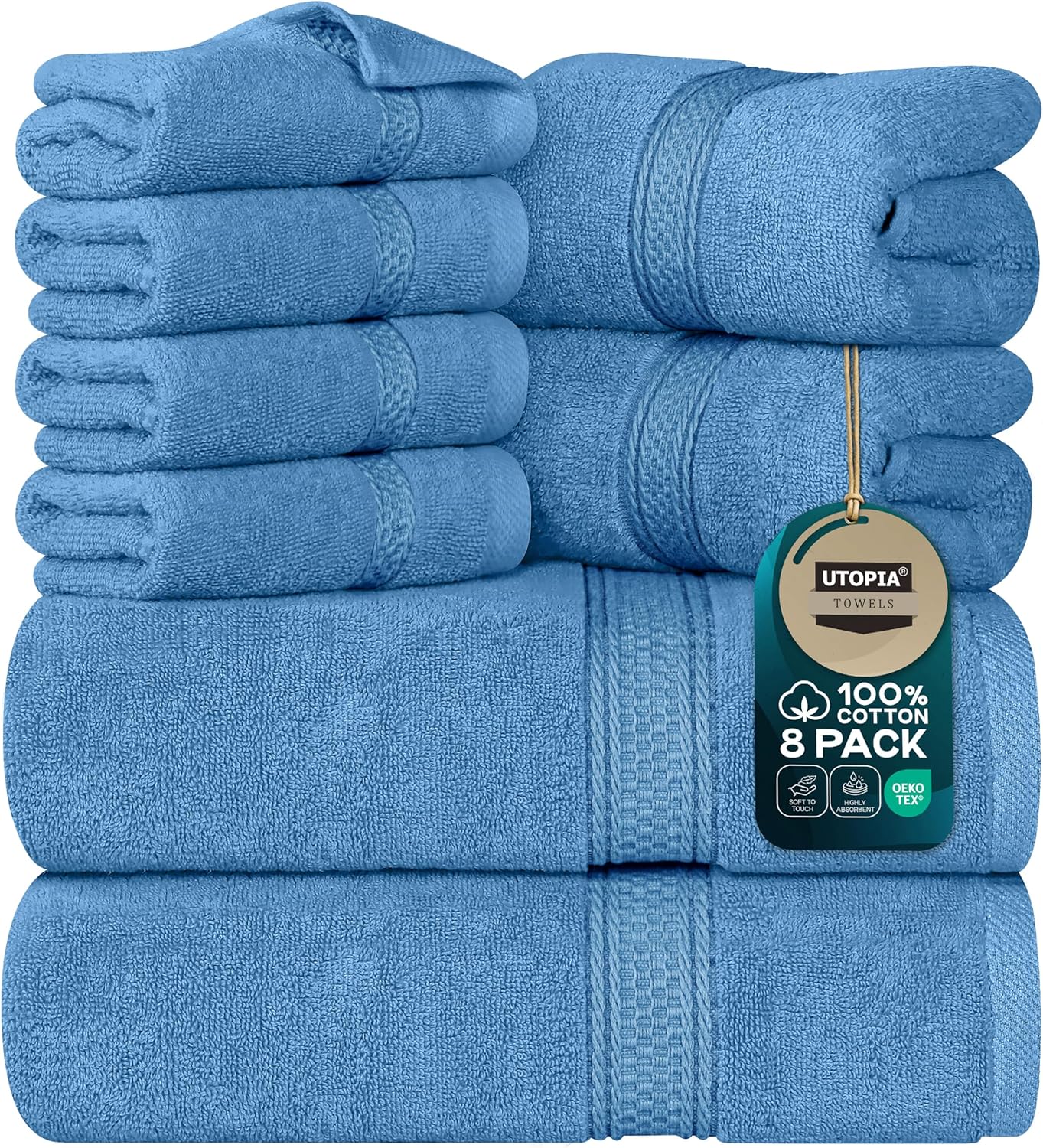 Utopia Towels 8 Piece Premium Towel Set, 2 Bath, 2 Hand, and 4 Wash Cloths, 600 GSM 100% Ring Spun Cotton, Highly Absorbent Towels for Bathroom, Gym, Hotel, and Spa, Electric Blue