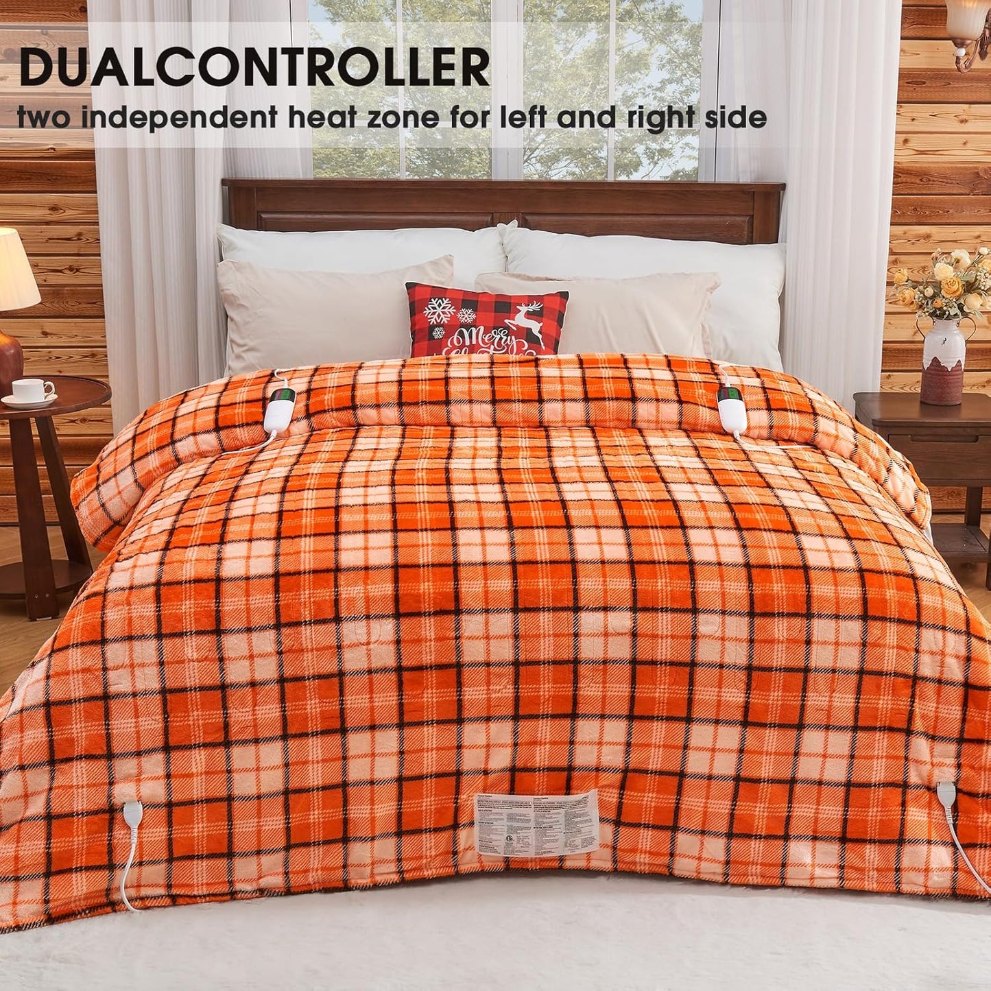 OCTROT Electric Heated Blanket King Size, 90X100 Orange Blanket with Dual Control&10 Heats Levels&Timer for Bed,Large Plaid Sherpa Heating Blankets Warmer Gifts for Women Grandma Halloween Home Decor