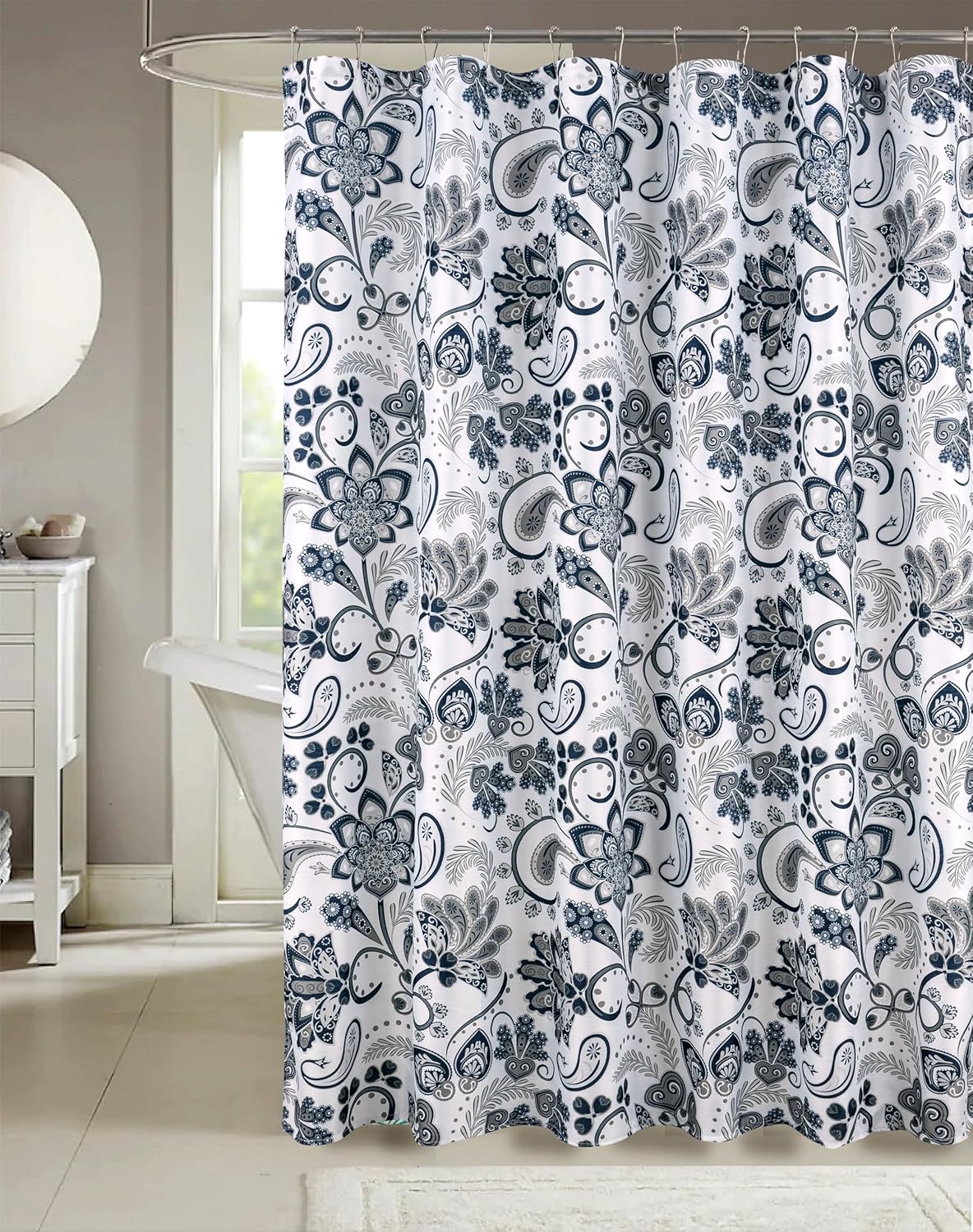 Serafina Home Hotel Quality Navy Gray Grey Fabric Bathroom Shower Curtain: Paisley Floral Leaf Damask Design on White (72 x 70 inches)