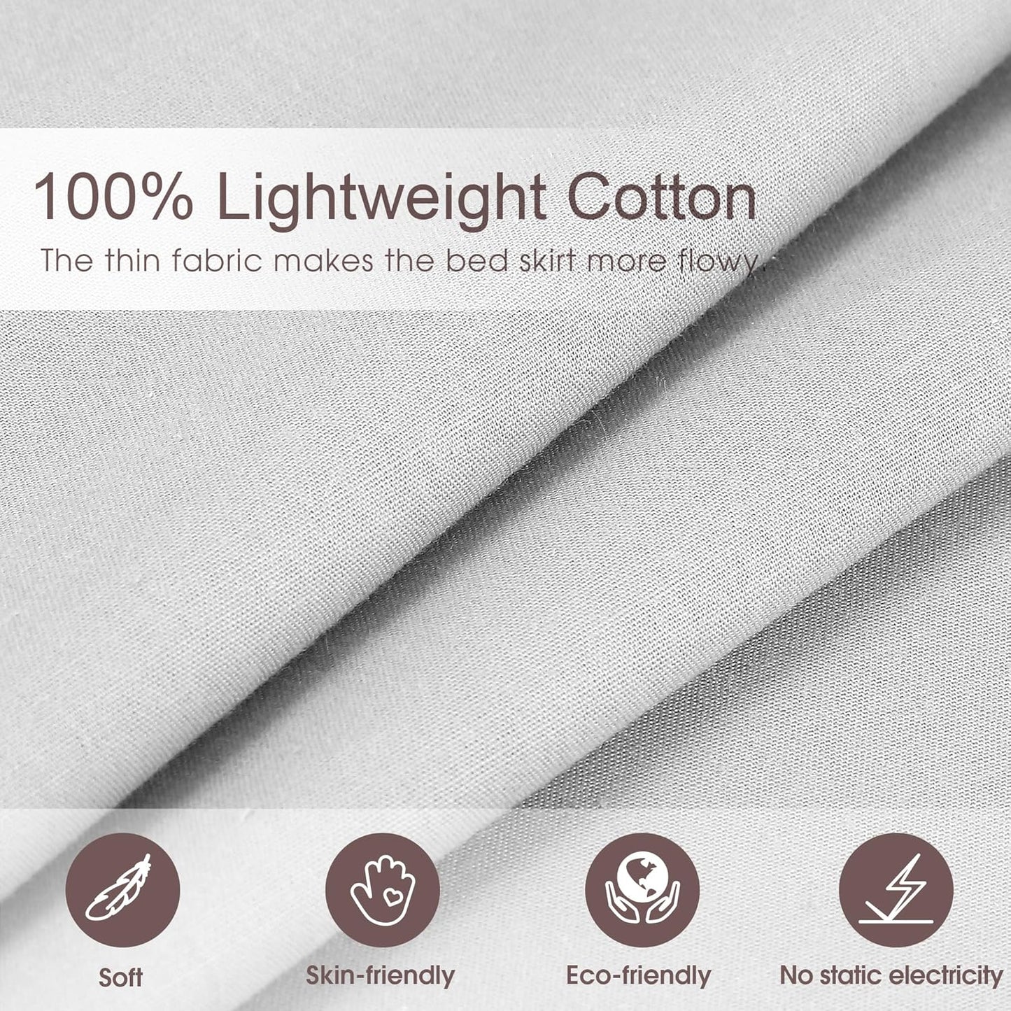 Queen Size 14 inch Drop Light Grey Dust Ruffle, 100% Lightweight Cotton Ruffled Bed Skirt, French Coutry Style, Lace Ruffled Bed Skirt with Split Corners