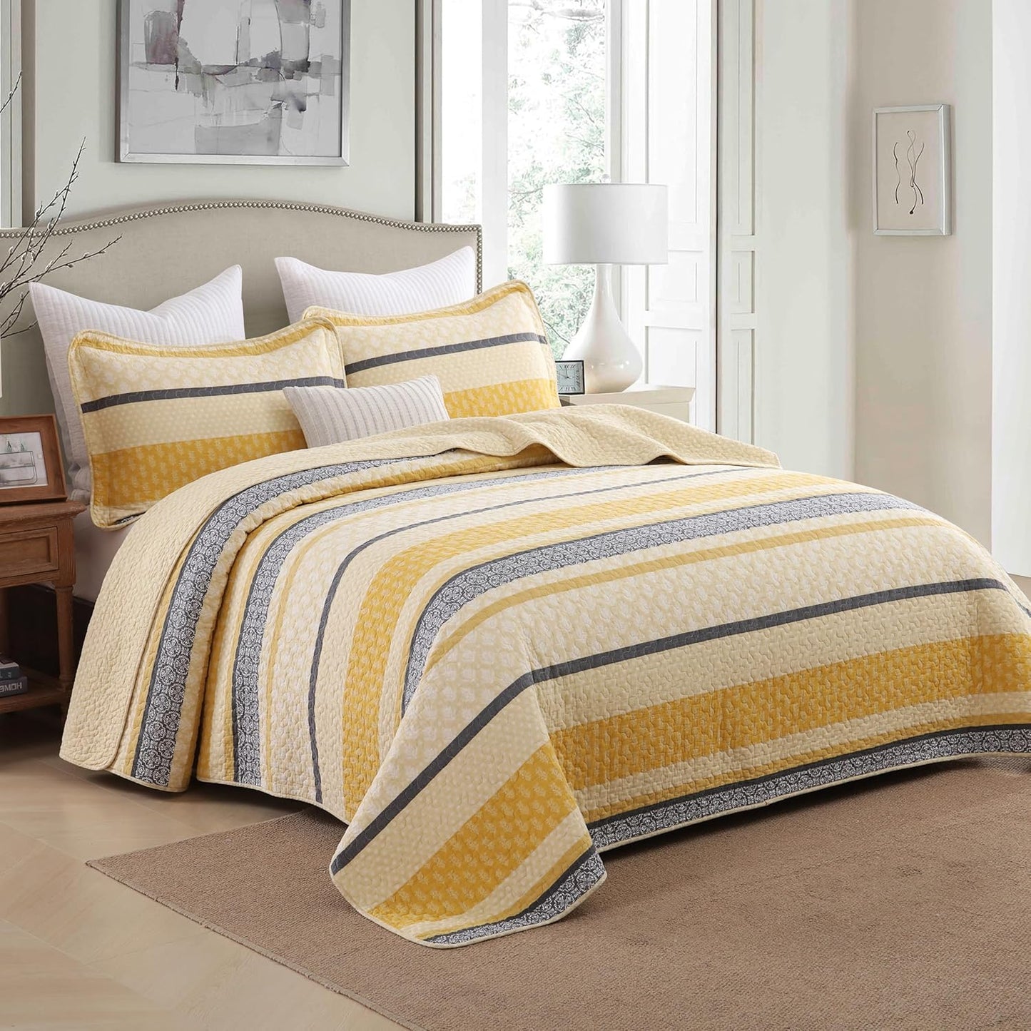 Homzard Quilt Cotton Queen Quilt Bedding Set,Yellow Black Grey Queen Size Comforter Set,Striped Bedspread Queen Size, Lightweight Farmhouse Bed Set Cover All Season 3 Pieces