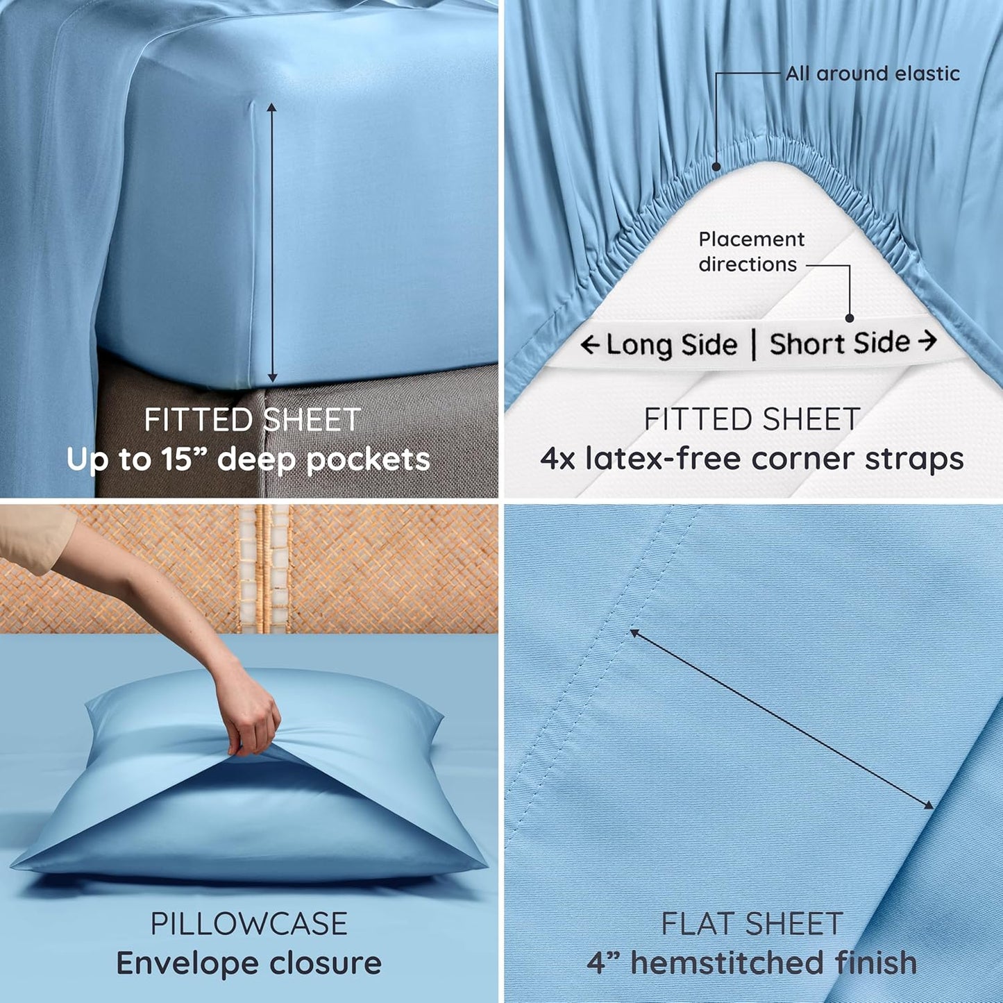 Bambaw Full Sheet Set 4pcs – 100% Viscose Derived from Bamboo Cooling Sheets Full Size Set, Temperature Regulating Sheets, with Elastic Corner Straps, Super Soft Full Size Sheets (Dream Blue)