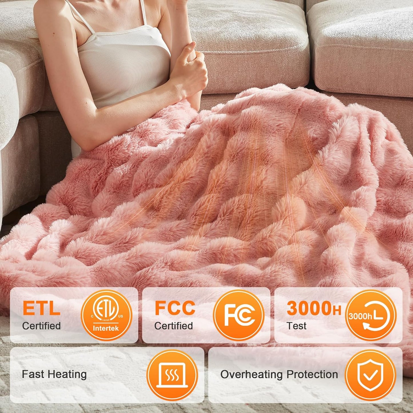 Heated Throw Blanket - Plush Thick Bubble Faux Fur Heated Blanket, Fast Heating Electric Blanket 6 Heating Levels & 4 Hours Auto-Off, Machine Washable, 50"x60", Pink