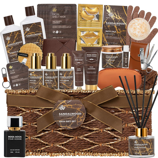 36 Pcs Christmas Gifts For Men, Sandalwood Bath & Body Gift Basket, Beard Grooming Set, Face Skin Care Kit, Men Home Spa Gift, Bath Bomb, Bear Oil, Birthday, Valentines, Father's Day, Dad, Anniversary