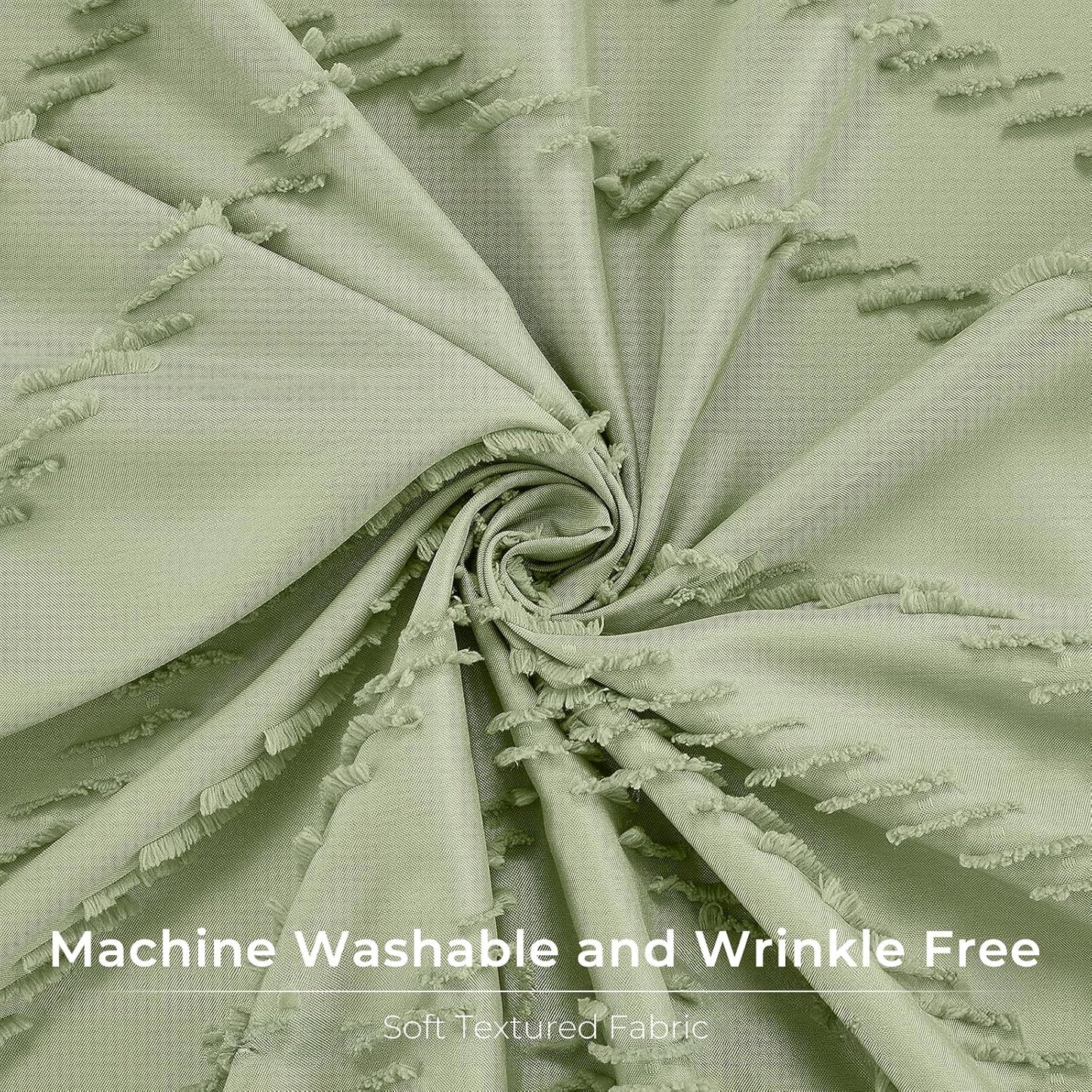 Green Boho Woven Fabric Tufted Chervon Textured Modern Minimalist Neutral Striped Waterproof Shower Curtain 72 x 72 Inches