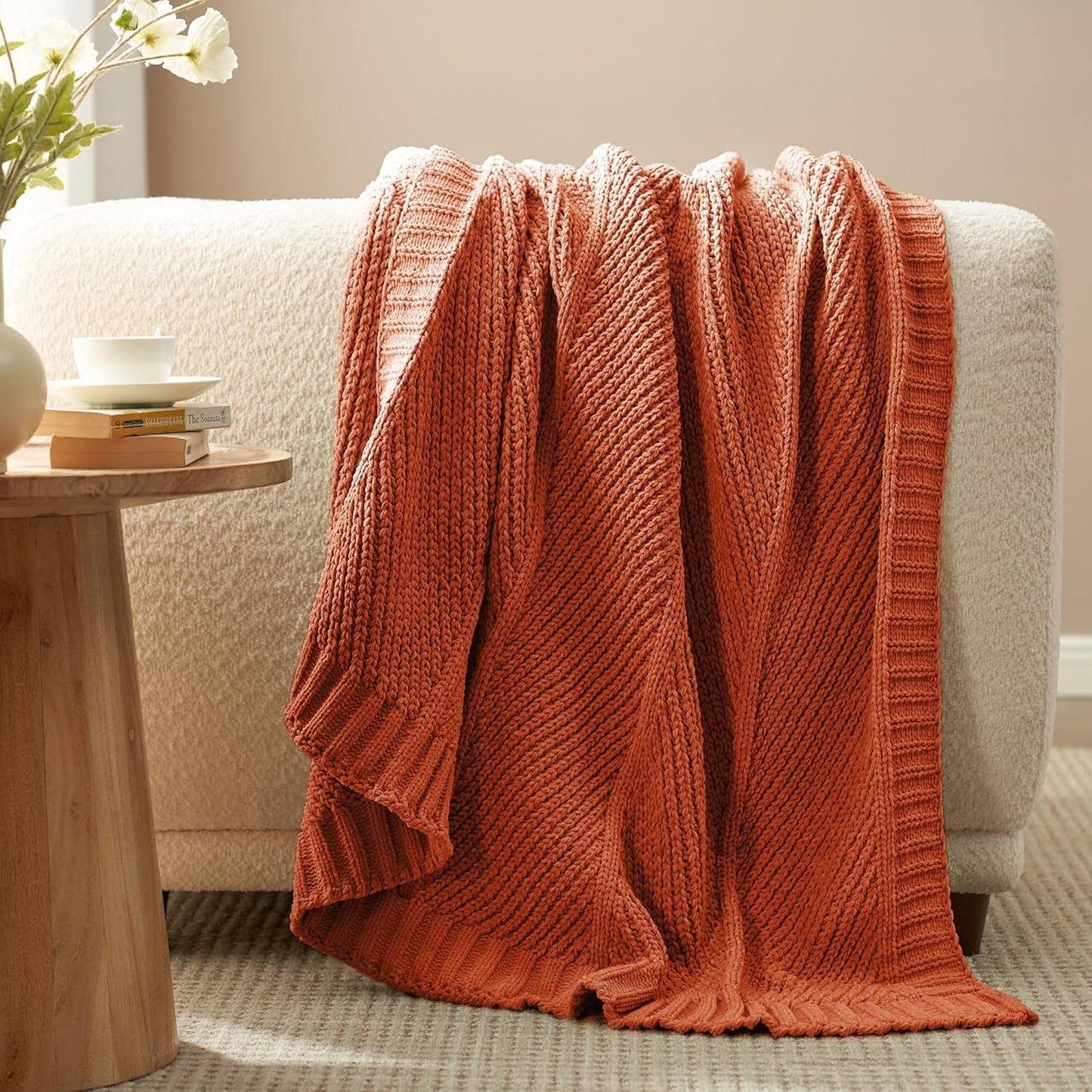 Amélie Home Chevron Chenille Knit Throw Blanket for Couch, Cozy Texture Decorative Soft Blanket for Sofa & Chair, 50"x60", Burnt Orange