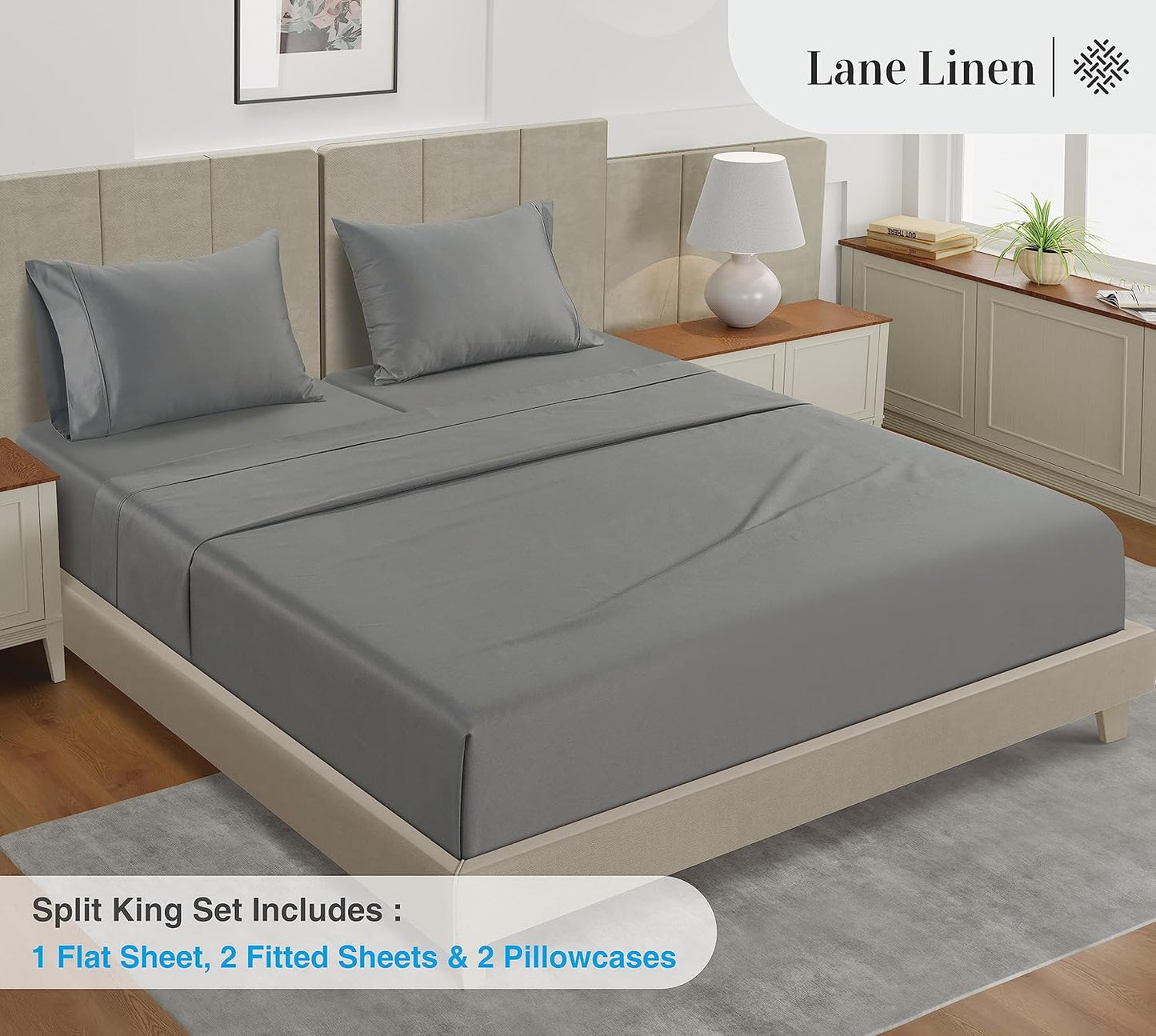 LANE LINEN Split King Sheets for Adjustable Bed – 450 Thread Count 100% Cotton, Soft & Cooling Sateen Weave, 15” Deep Pocket Fully Elasticized Fitted Sheet, Fade-Resistant Bedding, Paloma