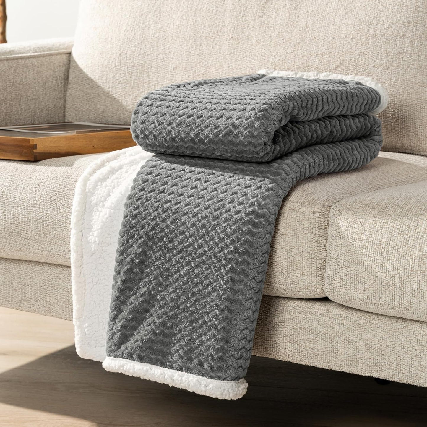 PAVILIA Dark Gray Twin Bed Blanket Reversible Sherpa Chevron, Soft Cozy Jacquard Weave Textured Throw Sofa Couch, Thick Warm Large Fleece Car Blanket, Decorative Plush Home Decor Gift, 60x80 Dark Grey