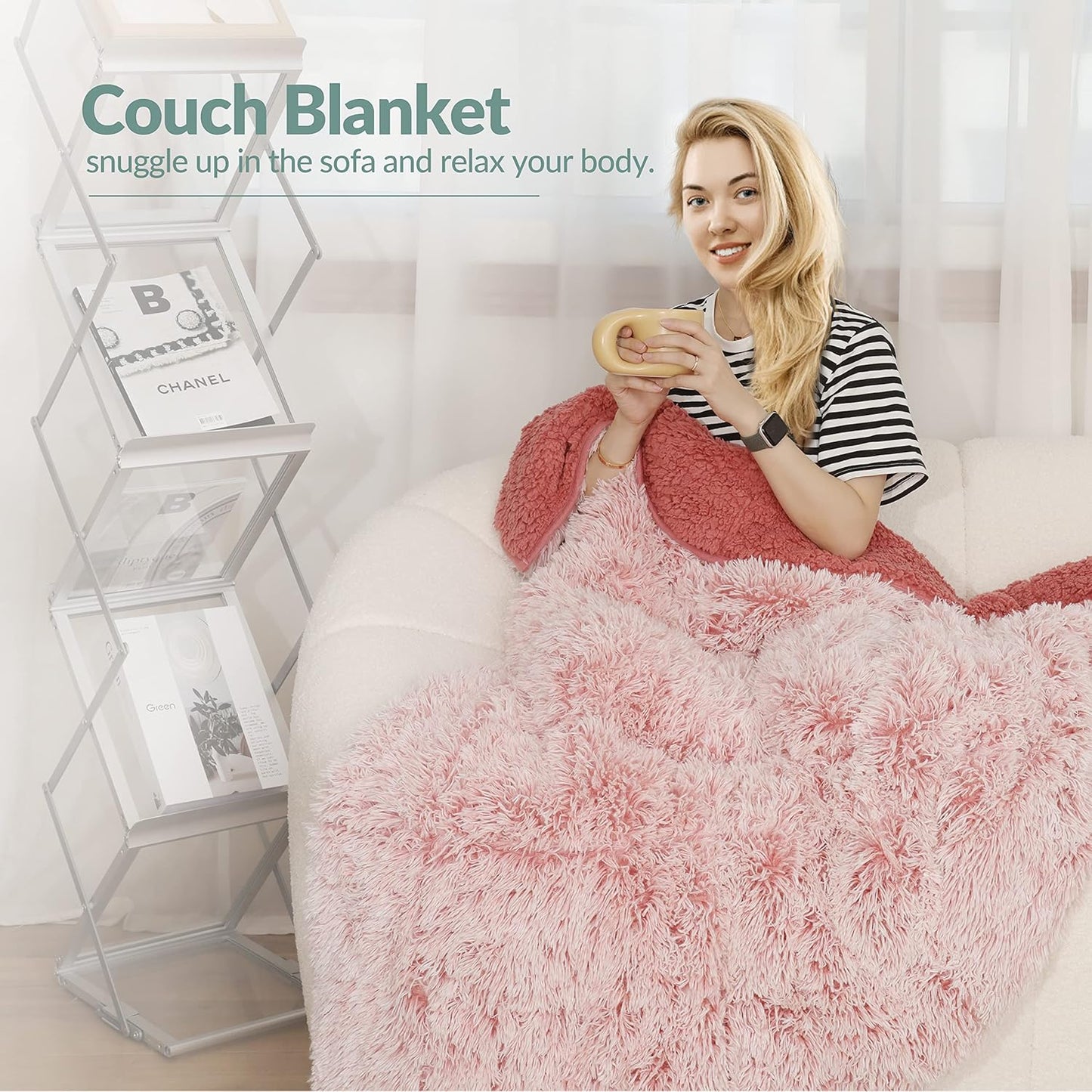 Wemore Shaggy Long Fur Faux Fur Weighted Blanket, Cozy and Plush Sherpa Long Hair Blanket for Adult 15lbs, Fluffy Fuzzy Sherpa Reverse Heavy Blanket for Bed, Couch, Backprint Pink, 60 x 80 Inches