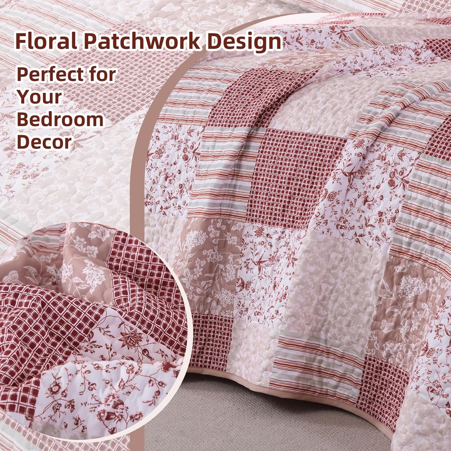 Mybedsoul Patchwork Quilt Set King Size, 3 Pieces Pink Floral Plaid Bedspread Coverlet Set, Reversible Soft Microfiber Bedding Set for All Season, Fall Winter King 90"x104"