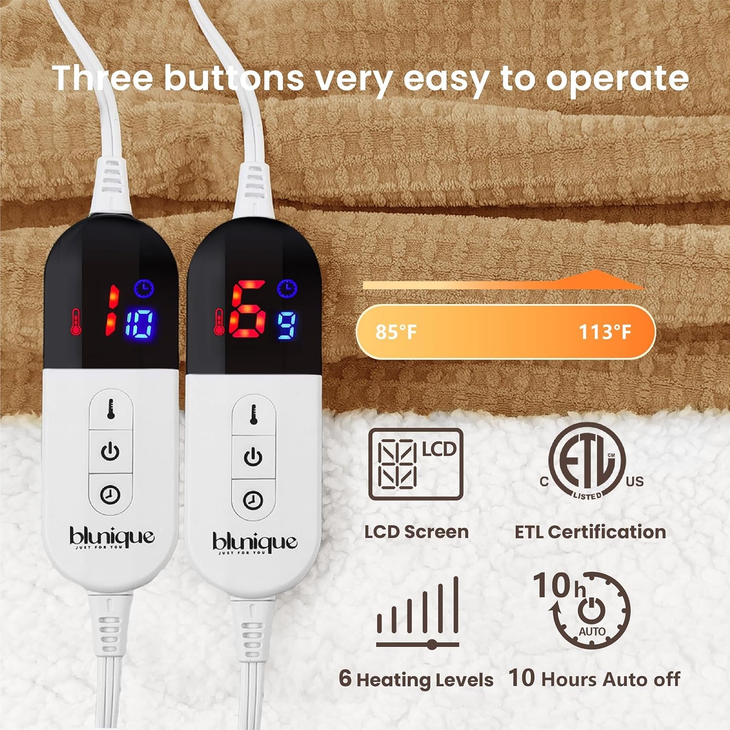 Heated Blanket Electric Blanket King Waffle, 90x100 Inches Dual Controllers Sherpa Fleece Fast Heating Blanket 6 Heating Levels & 10 Hours Auto Off ETL Certification, Caramel King