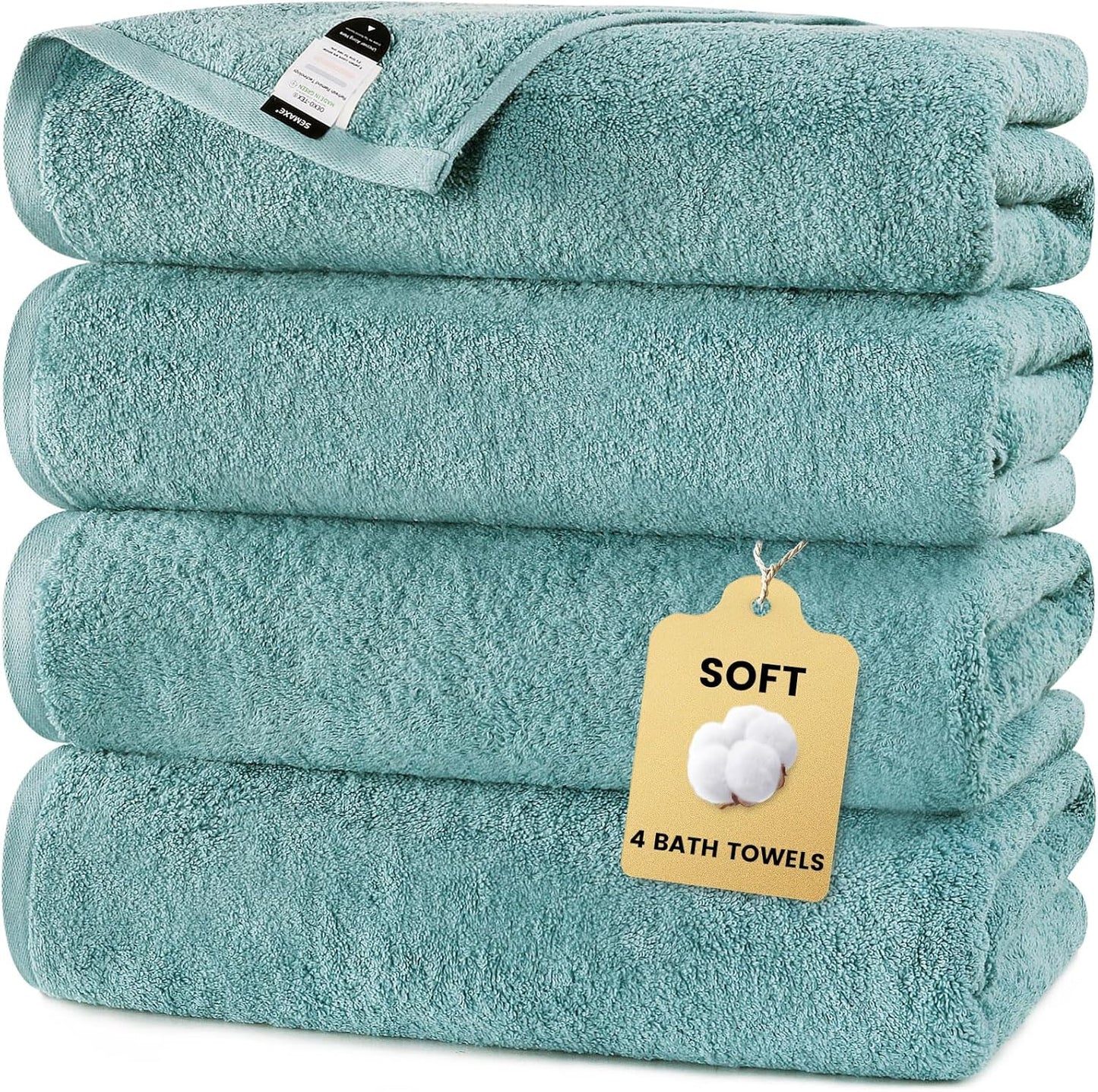 SEMAXE 4-Pack Luxury Bath Towels for Bathroom, 100% Cotton, Soft, Absorbent, and Quick-Drying, 55"x27", Blue, Perfect for Hotels, Gyms, and Spas