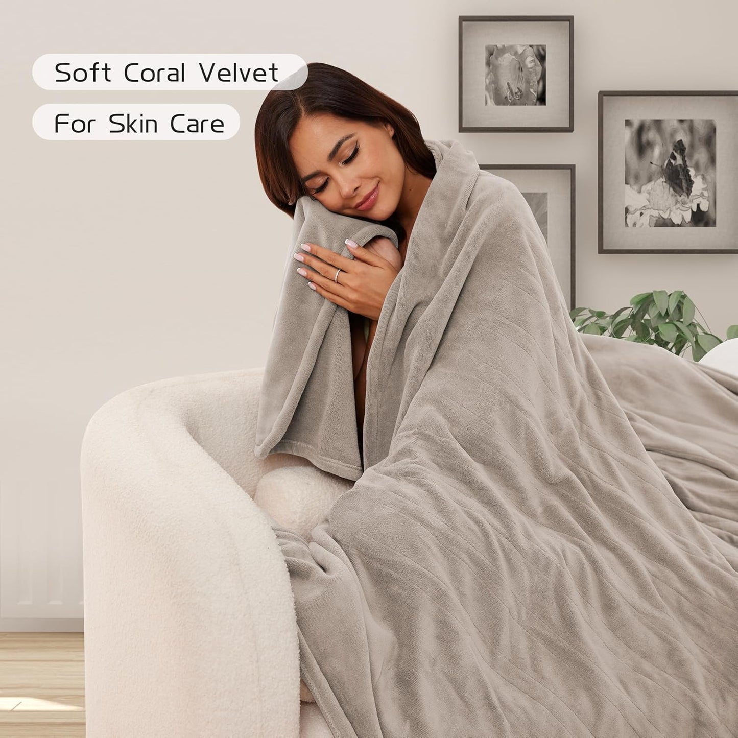Electric Heated Blanket 72"x84" Full Size, Soft Coral Fleece with 4 Heating Levels and 10 Hours Auto-Off, Machine Washable, Cozy Plush Fabric for Home, Light Brown