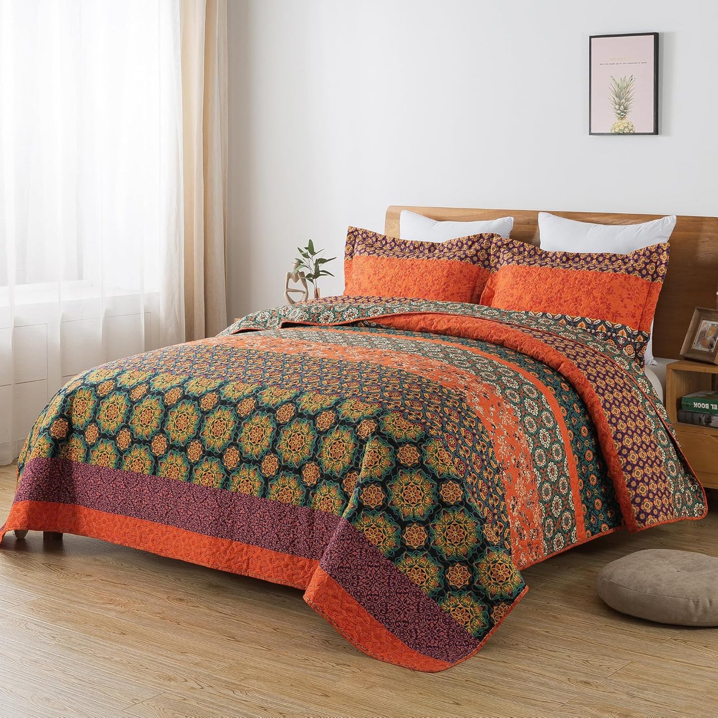 HoneiLife Quilt Sets King Size - 3 Pieces Microfiber Quilt Lightweight Bedspreads Wildflower Coverlets Retro Bed Cover King Quilt Bedding Set All Season Quilts-Pumpkin
