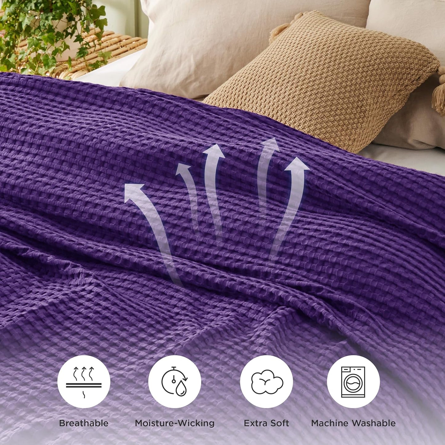 Bedsure Cooling Cotton Waffle Twin XL Blanket - Lightweight Breathable Blanket of Rayon Derived from Bamboo for Hot Sleepers, Luxury Throws for Bed, Couch and Sofa, Purple, 66x90 Inches