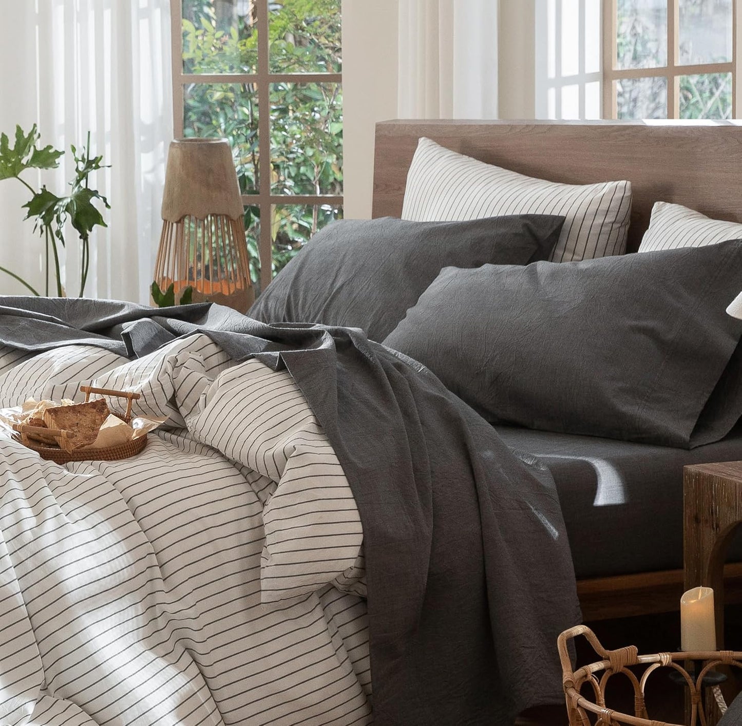 MooMee Bedding Sheet Set 100% Washed Cotton Linen Like Textured Breathable Durable Soft Comfy (Heathered Dark Grey, Split King)