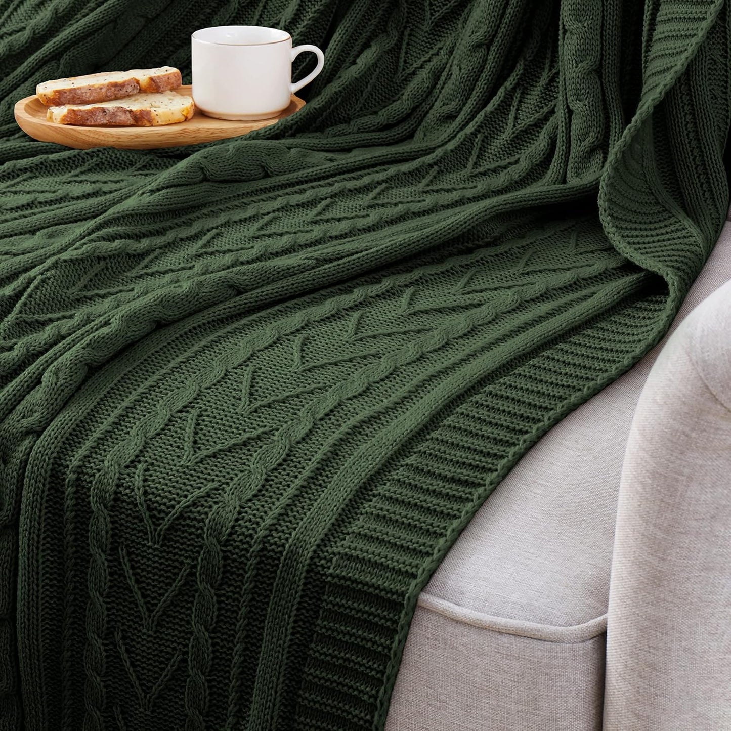 Aormenzy Green Cable Knit Throw Blankets for Couch Bed Sofa, Acrylic Knitted Blanket, Soft Cozy Throw Blanket, 50" x 60"