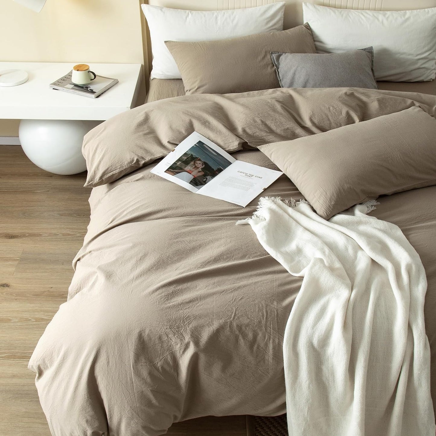 JIYUAN 100% Washed Cotton Duvet Cover Set 3 Pieces Queen, 1 Duvet Cover 90x90 Inches(Comforter Not Included) and 2 Pillowcases,Linen Feel Bedding Set Comfy and Breathable,Khaki