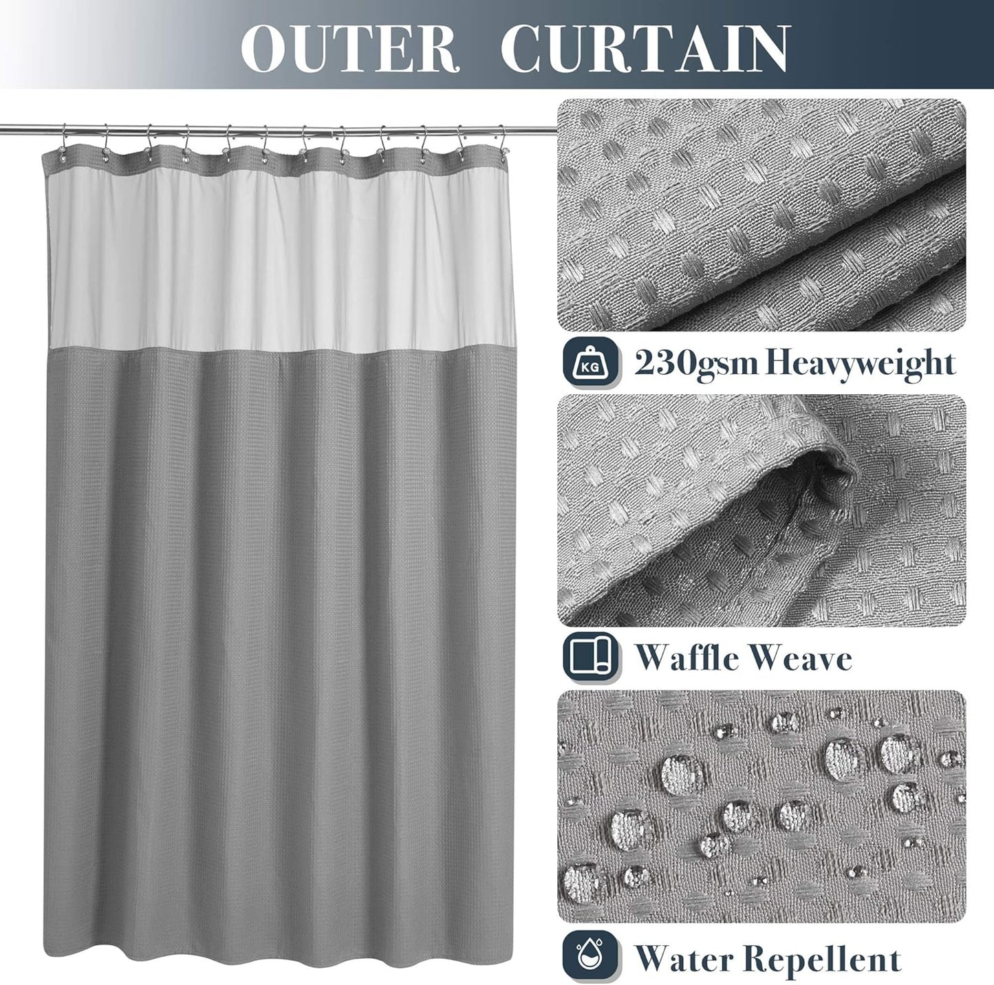 N&Y HOME Long Waffle Weave Shower Curtain with Snap-in Fabric Liner and 12 Hooks Set - 71" x 78", Hotel Style & Mesh Top Window, Machine Washable, Water Repellent - 71x78, Gray