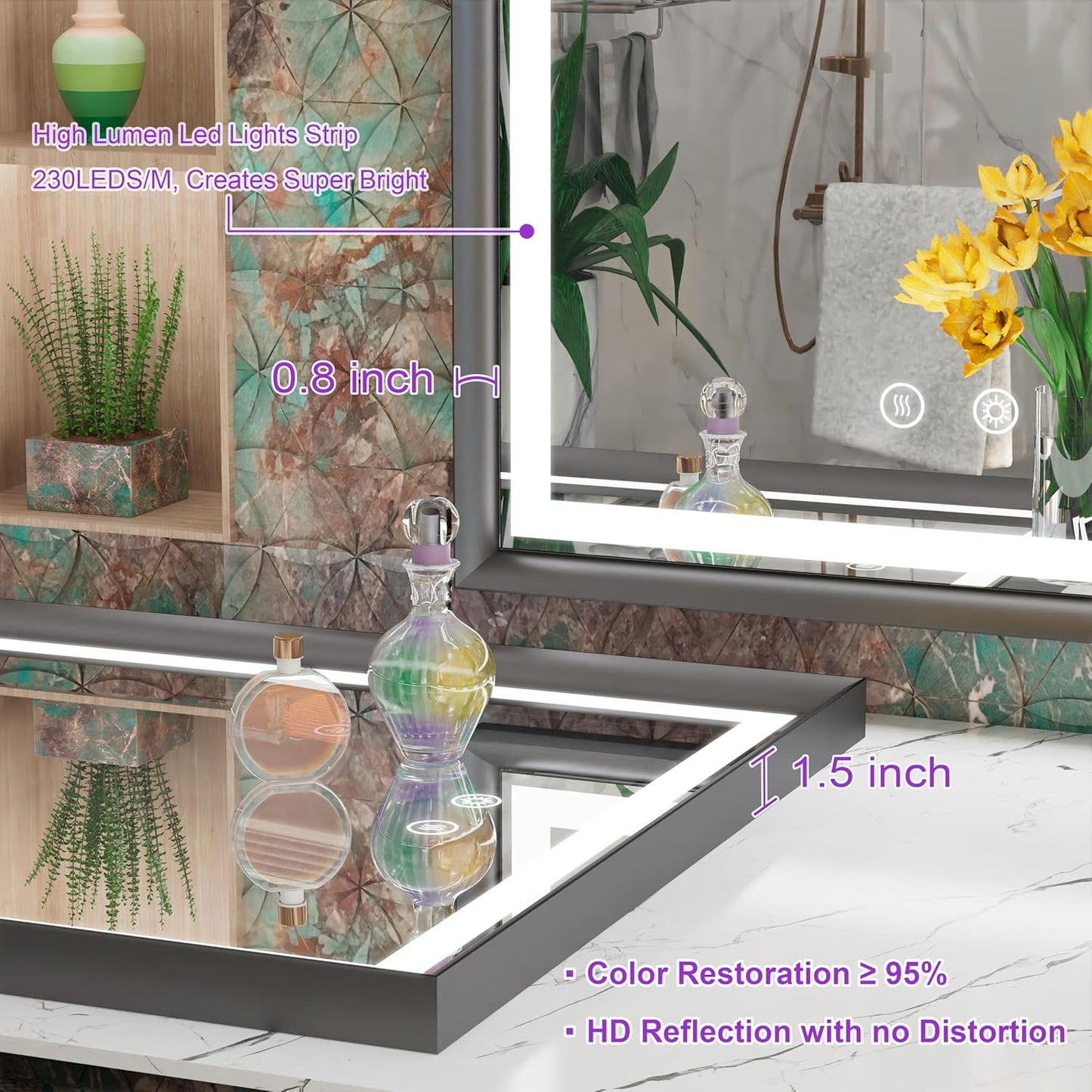 30x36 Inch LED Mirror for Bathroom, 3 Color Temperatures (3000K/4500K/6000K), Anti-Fog, Dimmable Lights, Memory Function, Matte Black Aluminum Frame