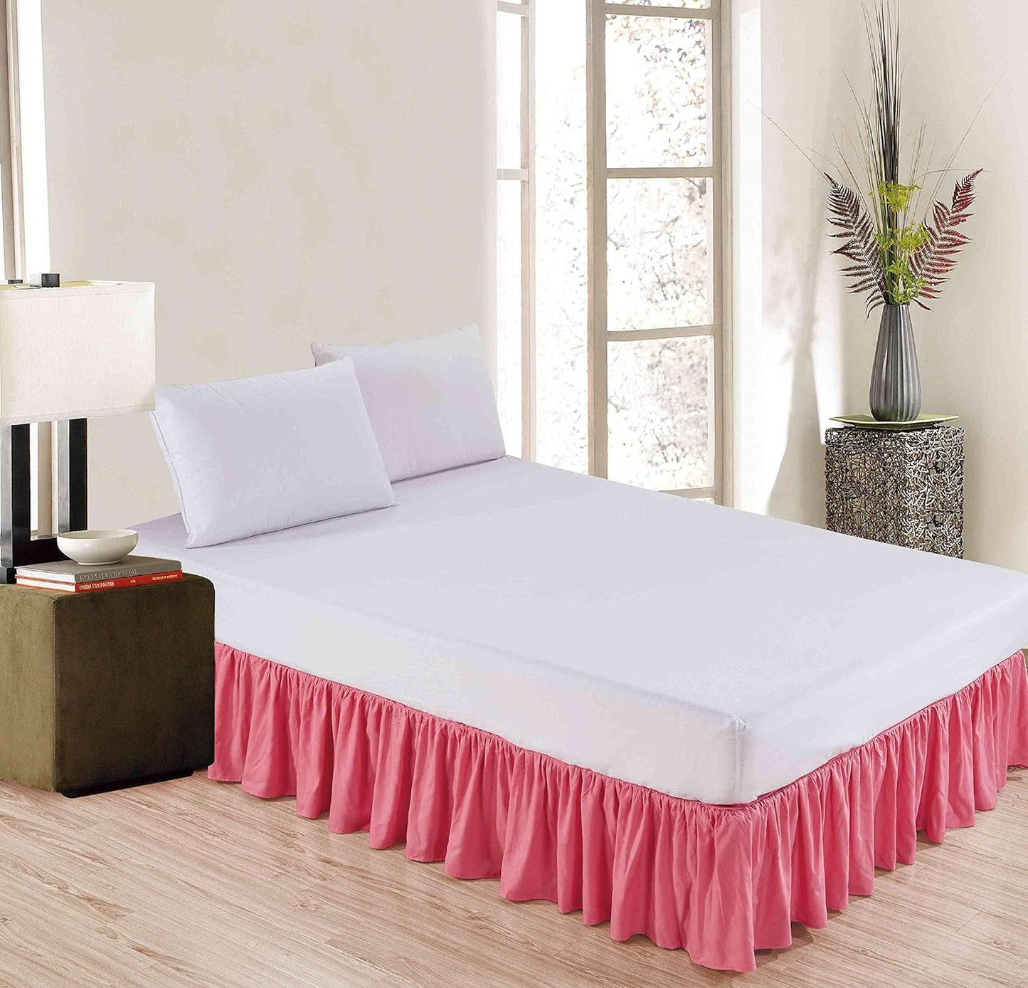 Sheets & Beyond Wrap Around Solid Microfiber Luxury Hotel Quality Fabric Bedroom Gathered Ruffled Bedding Bed Skirt 14 Inch Drop (Full, Pink)