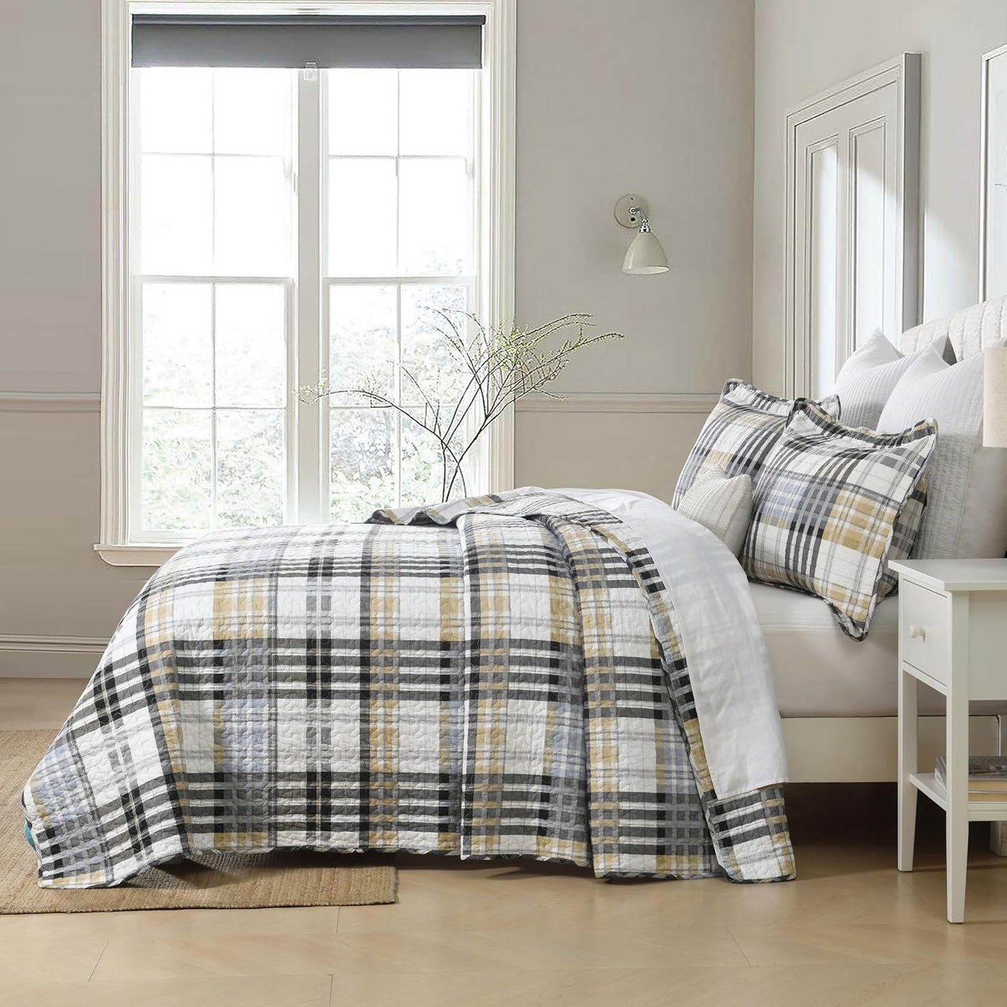 Quilt King Size, Cotton King Size Comforter Set,Grey Brown Black White Bedding Sets, Striped Plaid Bedspread Set, Farmhouse King Size Bed Set Lightweight All Season