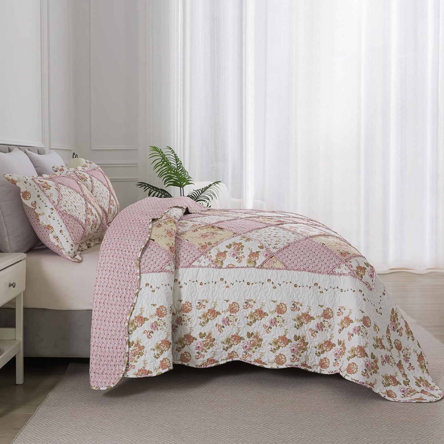 HoneiLife Queen Quilt Bedding Sets - Floral Quilt Bedding Sets 3-Piece 90x96, Lightweight Bedspreads Patchwork Coverlet Rustic Bedding Set All Season Quilts