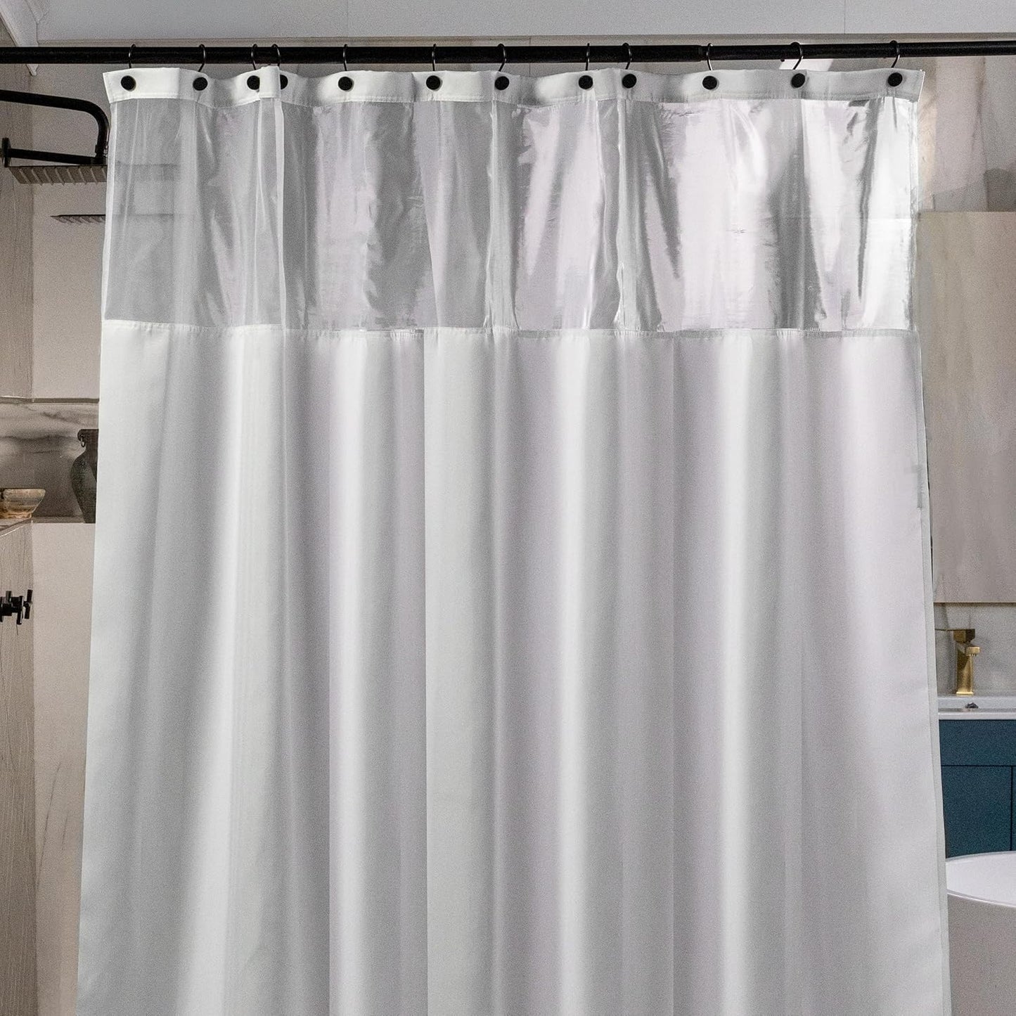 23 THREADS Fabric Shower Curtain for Bathroom, Water Resistant, Made from Sustainable Yarns, White, Herringbone Weave, with Window
