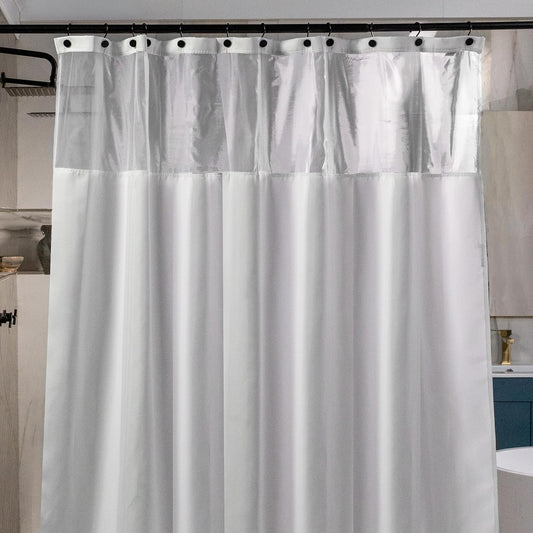 23 THREADS Fabric Shower Curtain for Bathroom, Water Resistant, Made from Sustainable Yarns, White, Herringbone Weave, with Window