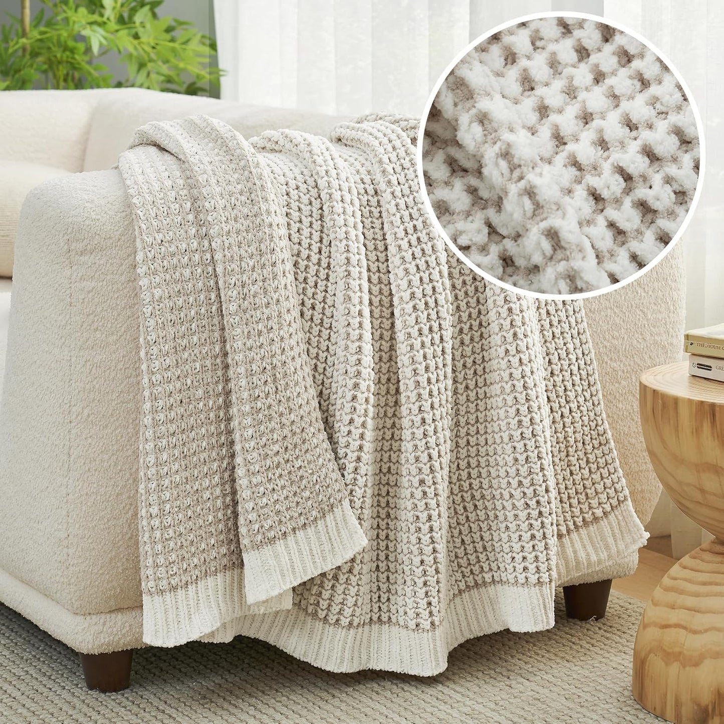 Amélie Home Waffle Chenille Throw Blanket for Couch, Pineapple Stitch Knit Soft Cozy Knit Blanket Decorative Throw for Sofa, Chair, 60"x80", Beige&Ivory