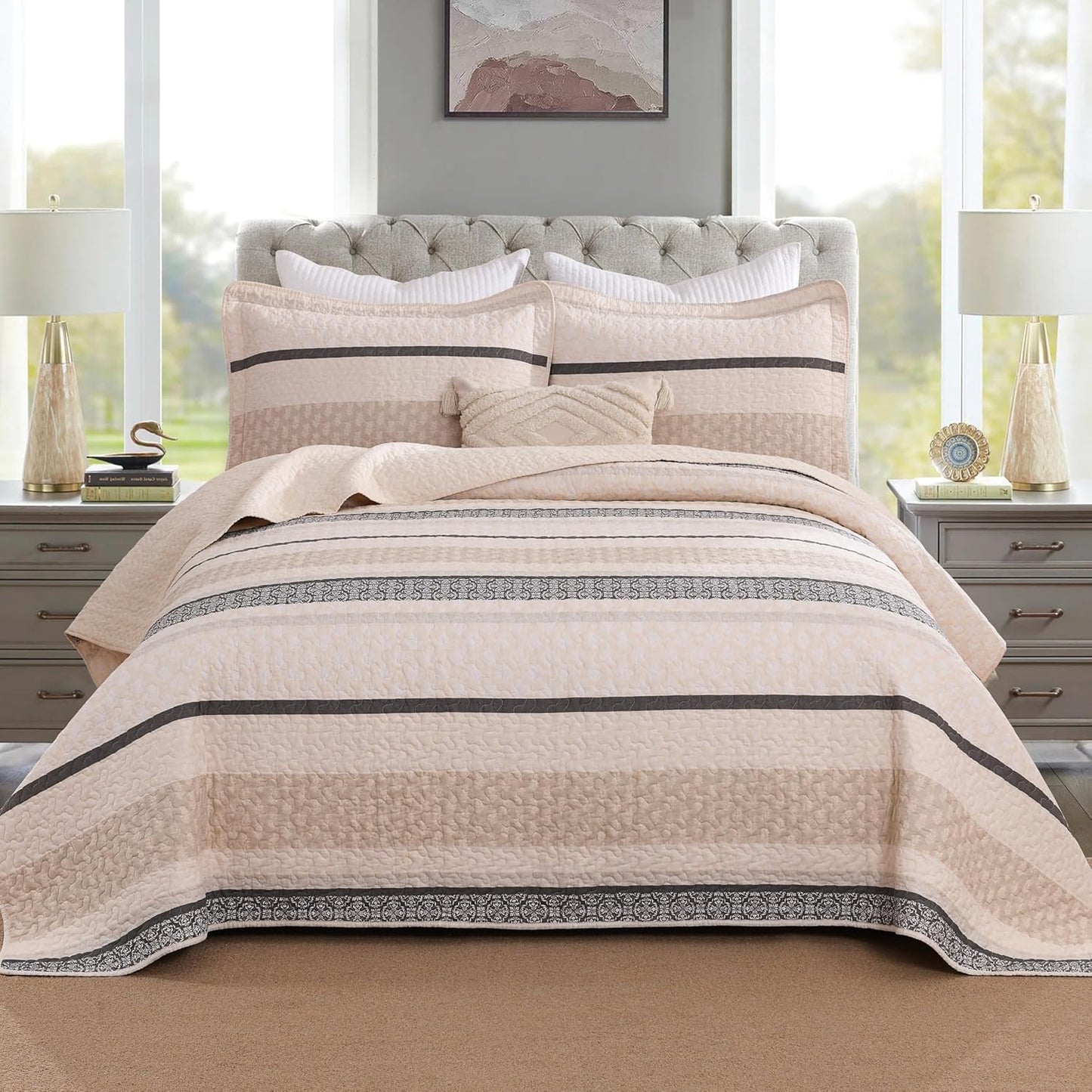 Homzard Quilts Queen Size, Cotton Comforter Set, Beige and Grey Queen Bed Set, Lightweight Striped Bedding, Farmhouse Reversible Bedspread All Season 3 Pieces