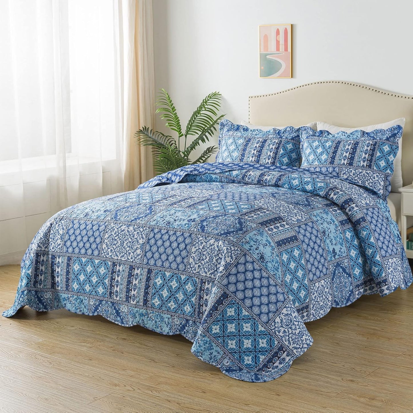 HoneiLife King Quilt Bedding Set - 3 Pieces Rustic Quilt Sets Microfiber Bedspreads Floral Coverlets Retro Bed Cover All Season Quilts-Blue