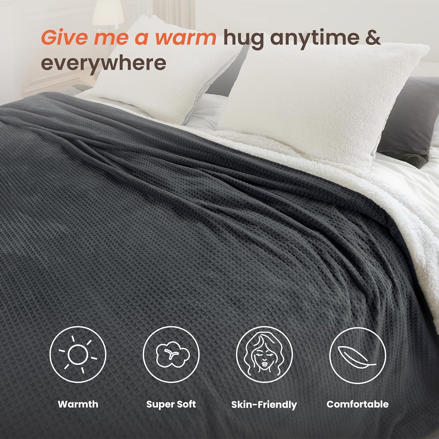 Heated Blanket Electric Blanket King Waffle, 90x100 Inches Dual Controllers Sherpa Fleece Fast Heating Blanket 6 Heating Levels & 10 Hours Auto Off ETL Certification,Charcoal Grey King