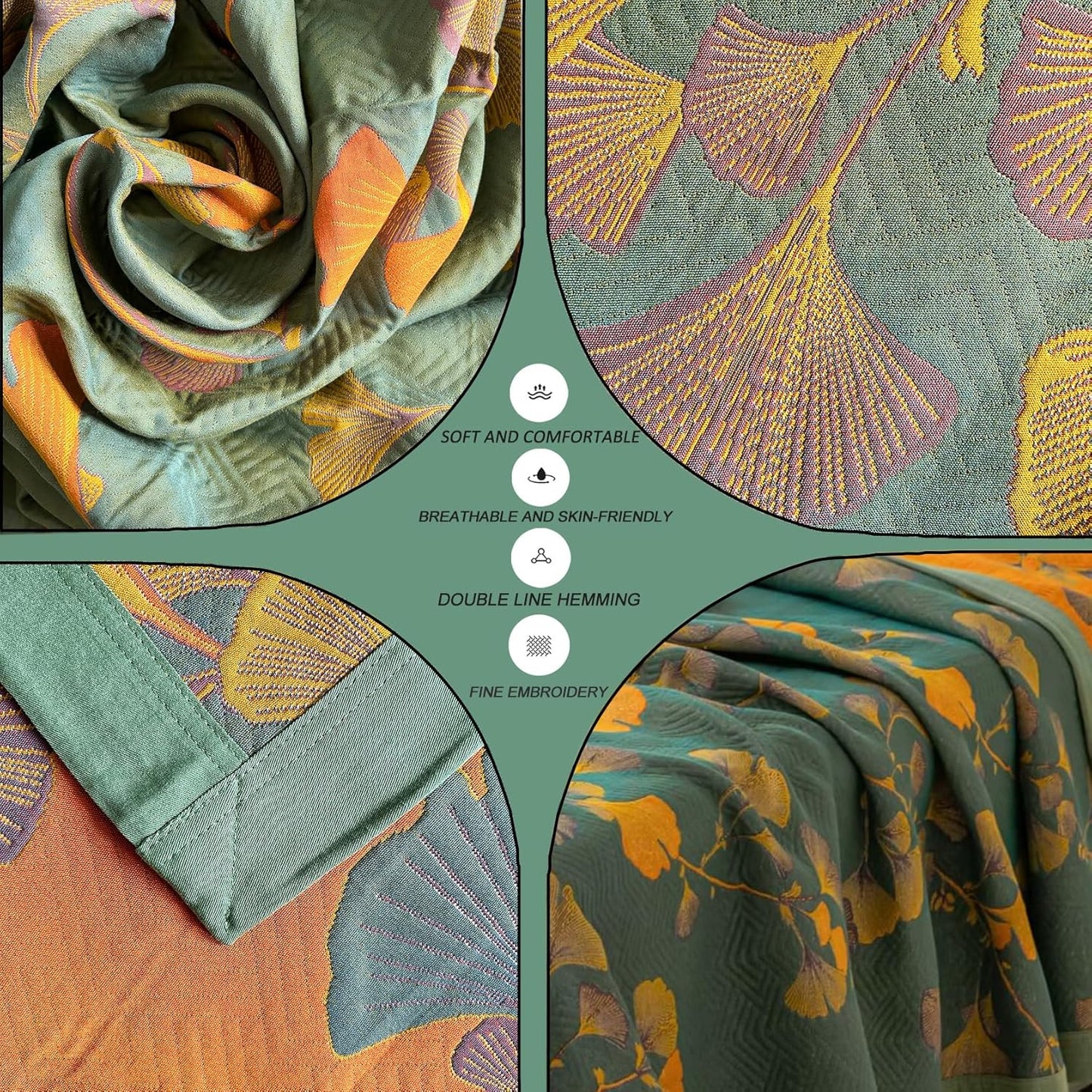 Ginkgo Leaf Quilt Queen Size Dark Green Orange Reversible Cotton Bedspread Coverlet for All Seasons Lightweight Muslin Quilt Throw Blanket for Bed, Couch