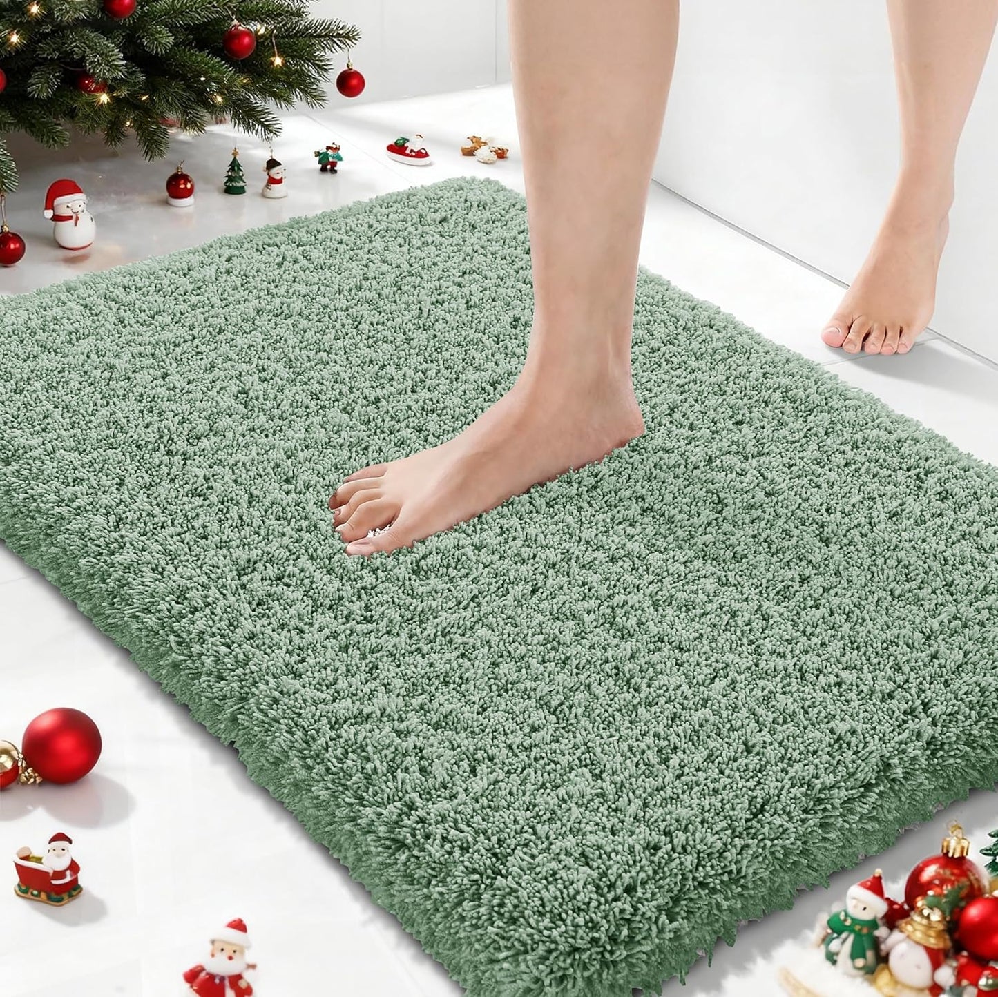 Yimobra Pure Light Green Bathroom Rugs Non Slip Washable, Ultra Soft and Water Absorbent Bath Mats, Plush Fluffy Shower Mat Outside, Microfiber Thick Matts for Bathroom Floor/Sink, 24x17