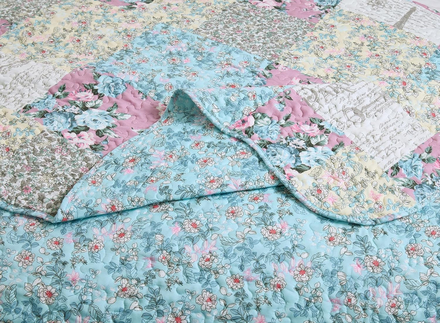 Brilliant Sunshine Lilac Rose Toile Quilt Set, 3-Piece Bedding Sets, Traditional Lively Patchwork Design, Washable, Reversible Bedspread, Soft Lightweight Coverlet, All-Season, King/Cal King, Egg Blue