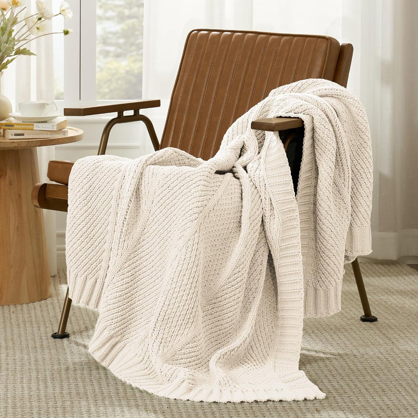 Amélie Home Chevron Chenille Knit Throw Blanket for Couch, Cozy Texture Decorative Soft Blanket for Sofa & Chair, 50"x60", Ivory