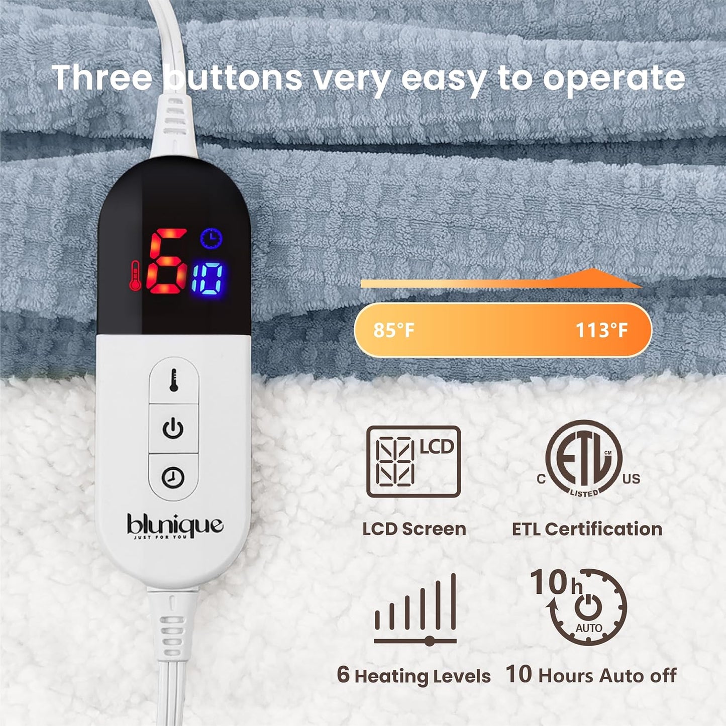 Heated Blanket Electric Blanket Twin Waffle, 62x84 Inches Sherpa Fleece Fast Heating Blanket 6 Heating Levels & 10 Hours Auto Off ETL Certification,Haze Blue Twin