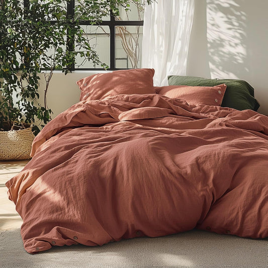 Bedsure Linen Duvet Cover King - Linen Cotton Blend Bedding Set, Soft & Cozy, 3 Pieces, 1 Duvet Cover 104x90 Inches and 2 Pillowcases, Burnt Orange Color Cooling Bedding, Comforter Sold Separately