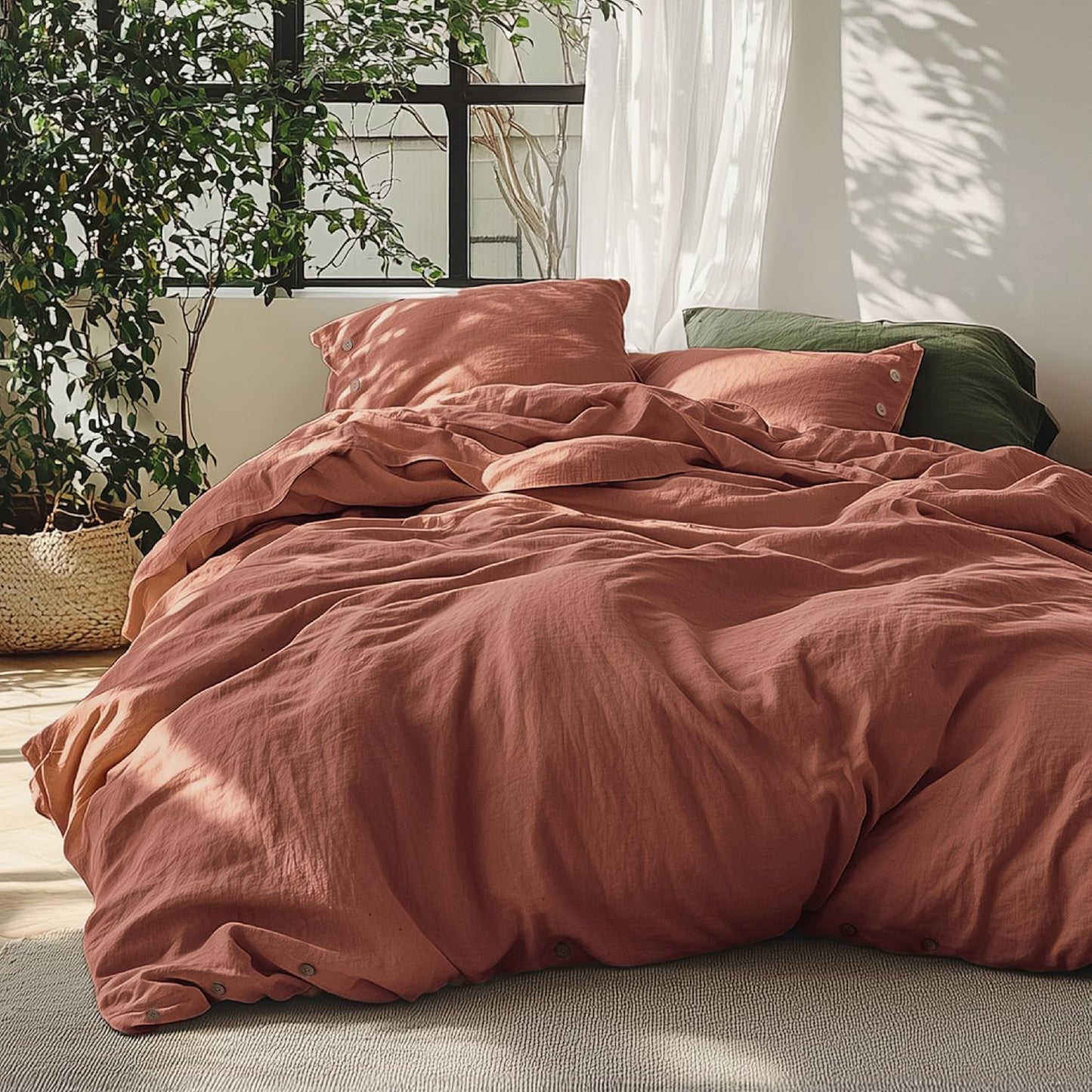 Bedsure Linen Duvet Cover Queen - Linen Cotton Blend Bedding Set, Soft & Cozy, 3 Pieces, 1 Duvet Cover 90x90 Inches and 2 Pillowcases, Burnt Orange Color Cooling Bedding, Comforter Sold Separately