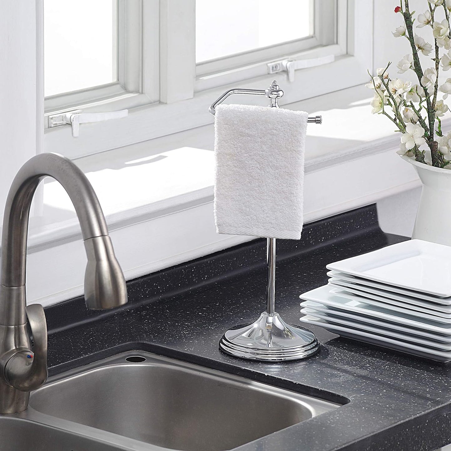 SunnyPoint Heavy Weight Classic Decorative Metal Fingertip Towel Holder Stand for Bathroom, Kitchen, Vanity and Countertops; Hanging Bar is 14.2" Height (Chrome, 15.6" x 5.6" x 5.6")