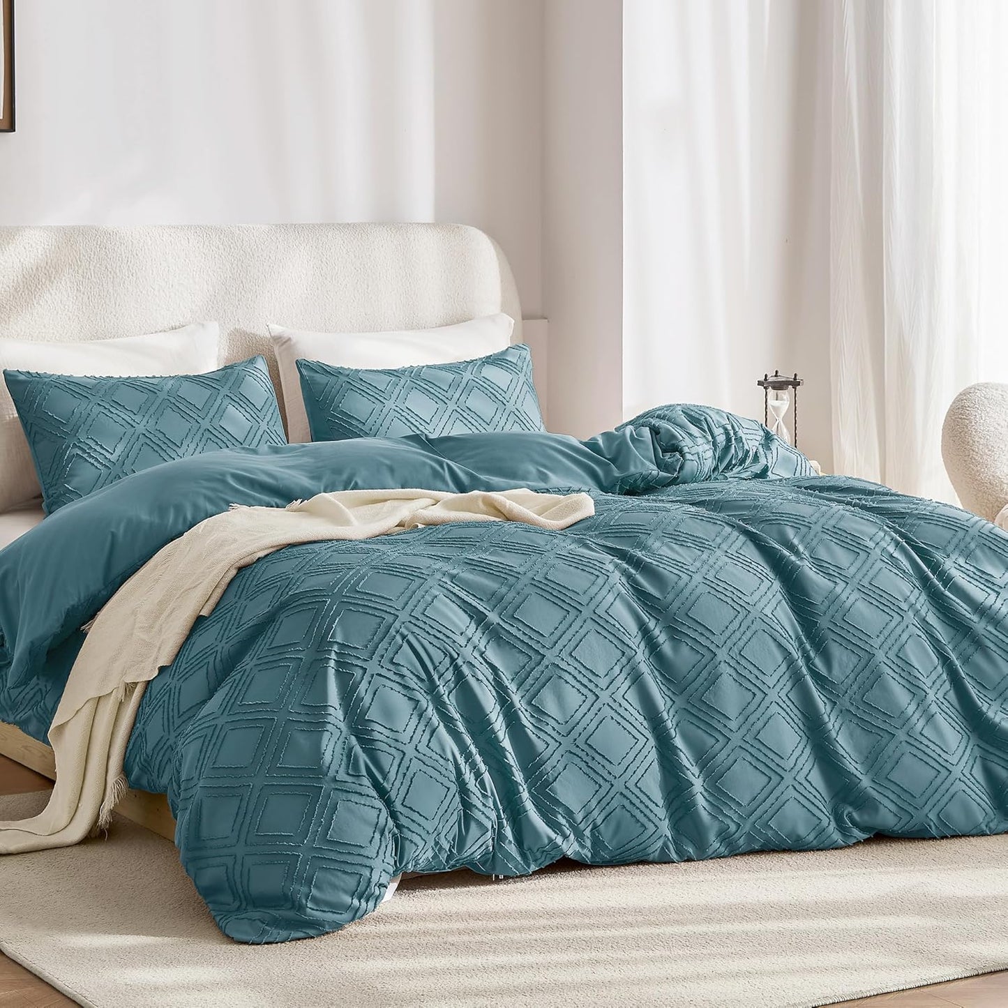 JELLYMONI Duvet Cover King Size Grayish Blue - 3PCS Boho Duvet Cover Set Plaid Polyester Tufted Bohemian Jacquard Knit Textured Comforter Cover 104×90in Rhombic Geometric Pattern Zipper Corner Tie