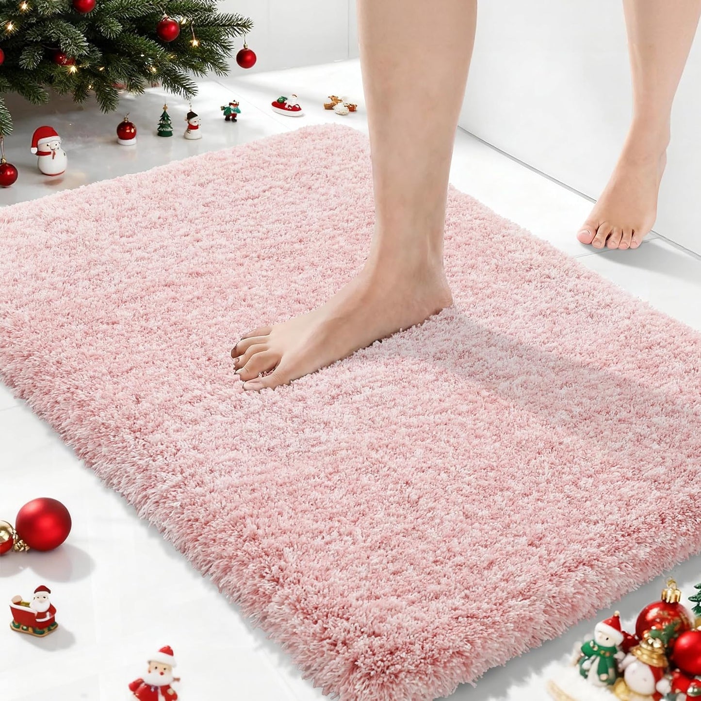 Yimobra Light Pink and White Bathroom Rugs Non Slip Washable, Ultra Soft and Water Absorbent Bath Mats, Plush Fluffy Shower Mat Outside, Microfiber Thick Matts for Bathroom Floor/Sink, 24x17