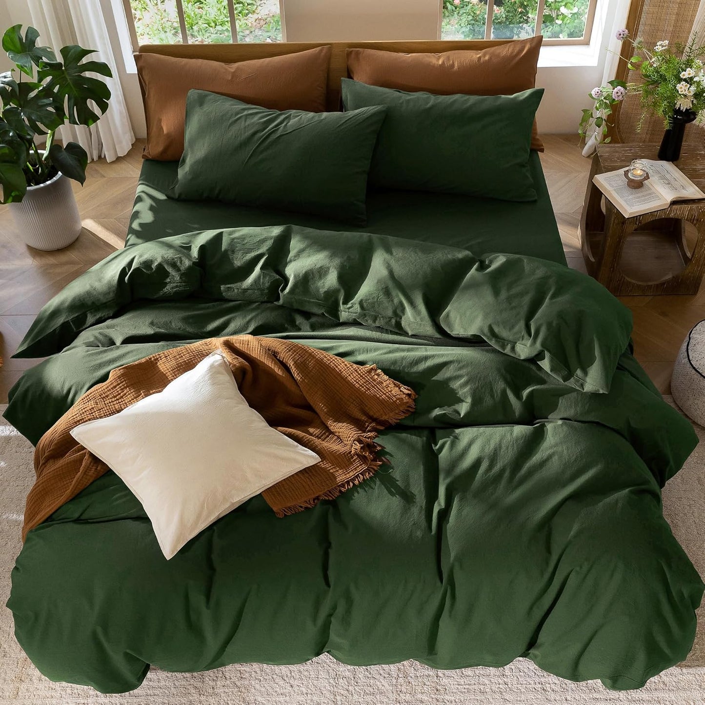 MooMee Bedding Duvet Cover Set 100% Washed Cotton Linen Like Textured Breathable Durable Soft Comfy (Solid Forest Green, King 104"x90")
