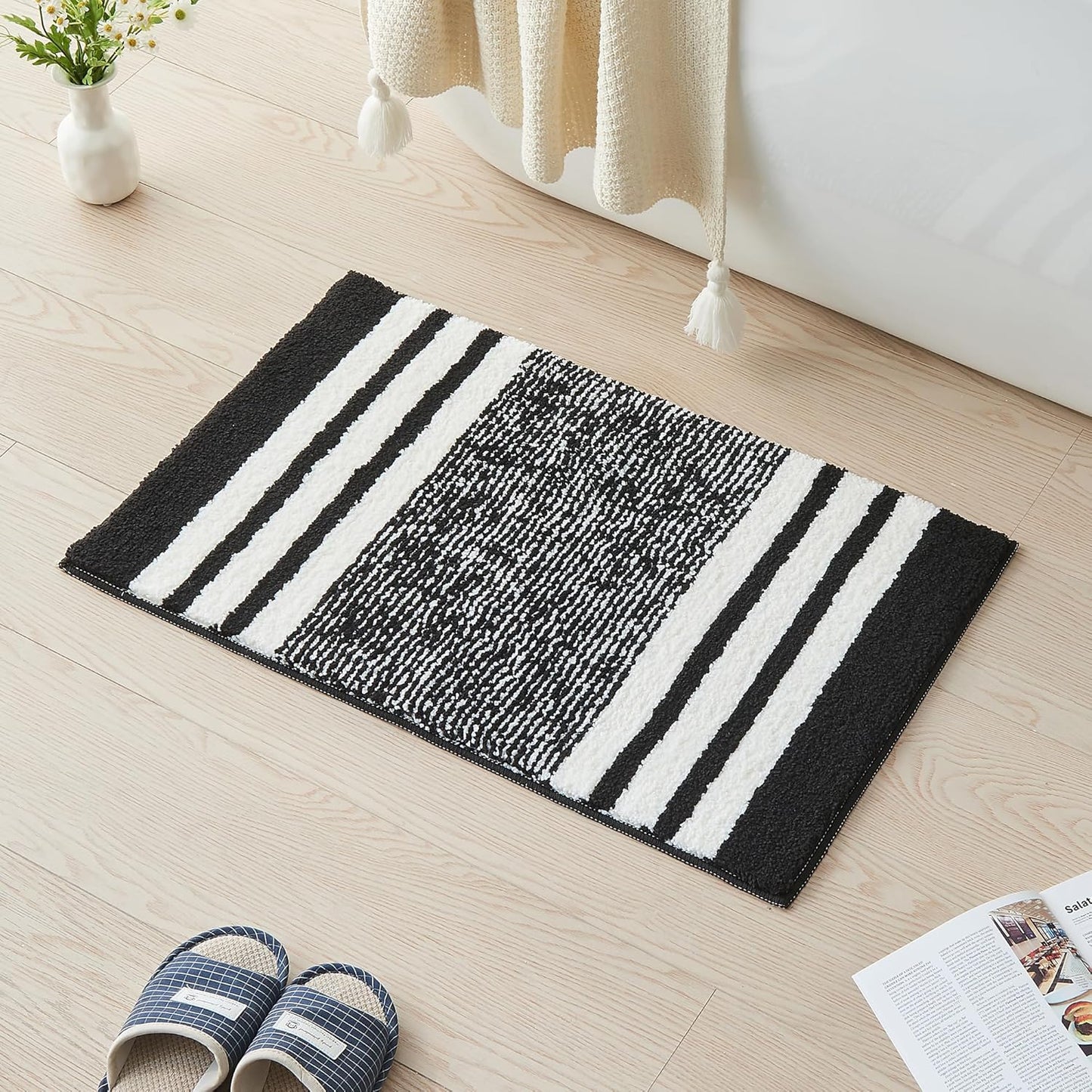 CozeCube Bath mats for Bathroom Non Slip, Fluffy Absorbent Microfiber Bath mat Washable, Aesthetic Bathroom Rugs, Cute Jet Black Striped Bath mat, Jet Black, 32" x 20"