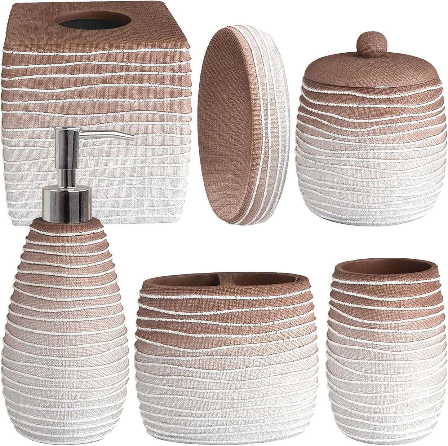 Decozen Bathroom Accessories Set 6Pcs – Soap Dispenser, Toothbrush Holder, Tumbler, Soap Dish & Cotton Swab Jar – Modern Bathroom Decor, Bath Set for Christmas Decor, Antonetta