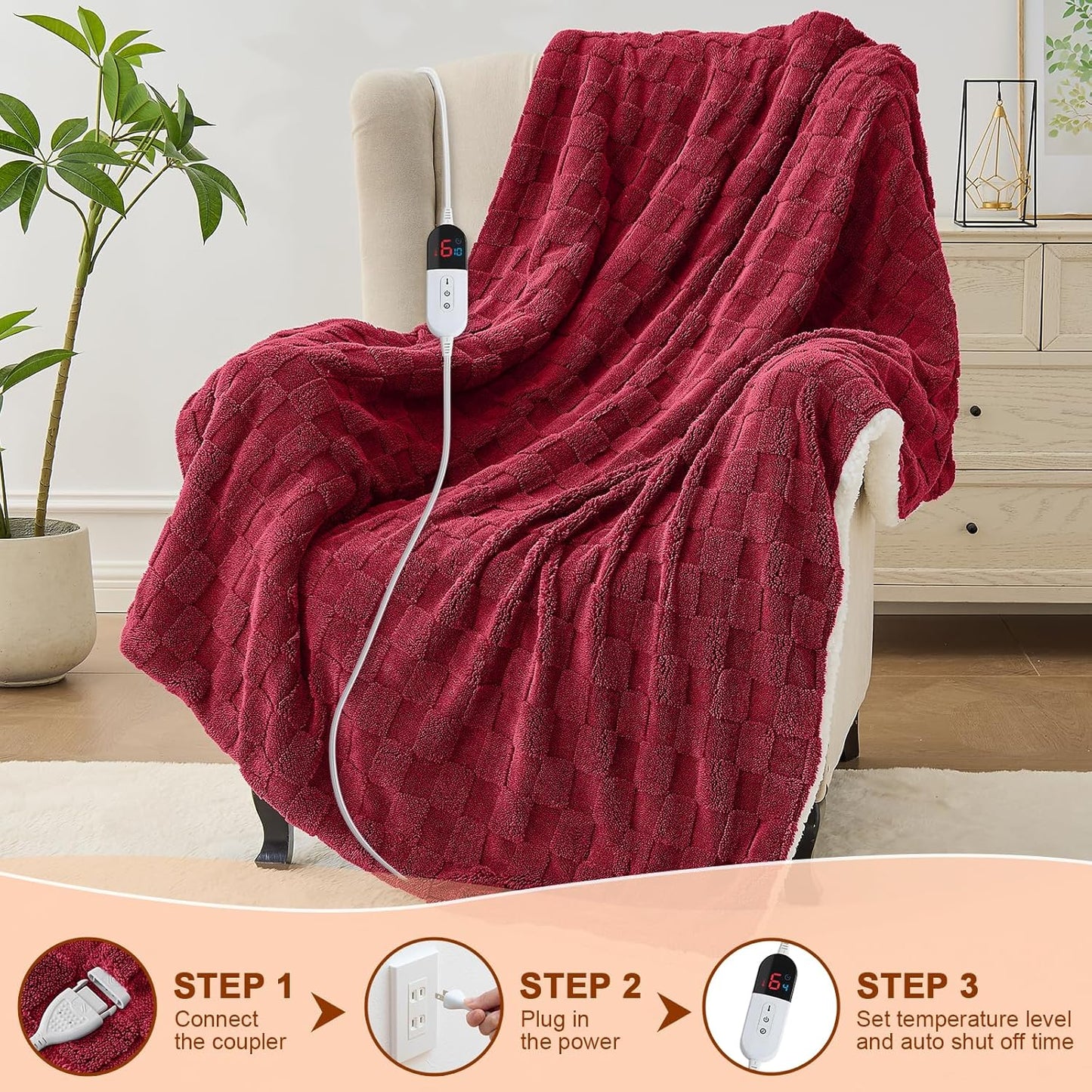 Electric Heated Throw Blanket - Jacquard Checkered Sherpa 50"x60" Fast Heating Bed Blankets with 6 Heating Levels & 4 Hours Auto Off, Over-Heat Protection ETL, Red