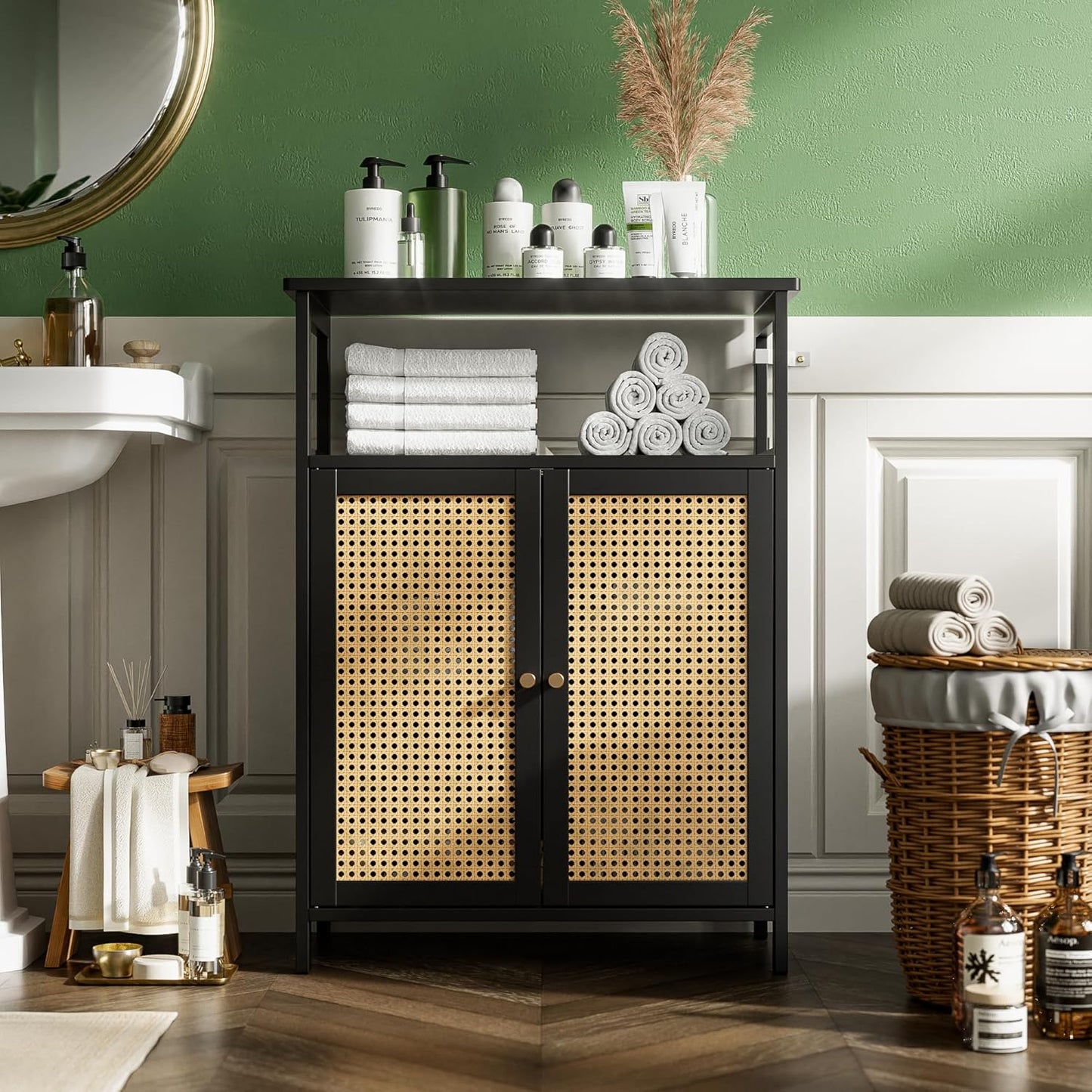 Bamboo Floor Rattan Cabinet, Bathroom Storage Organizer Rack with 2 Doors and 1 Shelf, Space Saving Wood Kitchen Cupboard, Hallway Side Table, Living Room Freestanding Stand (Black)