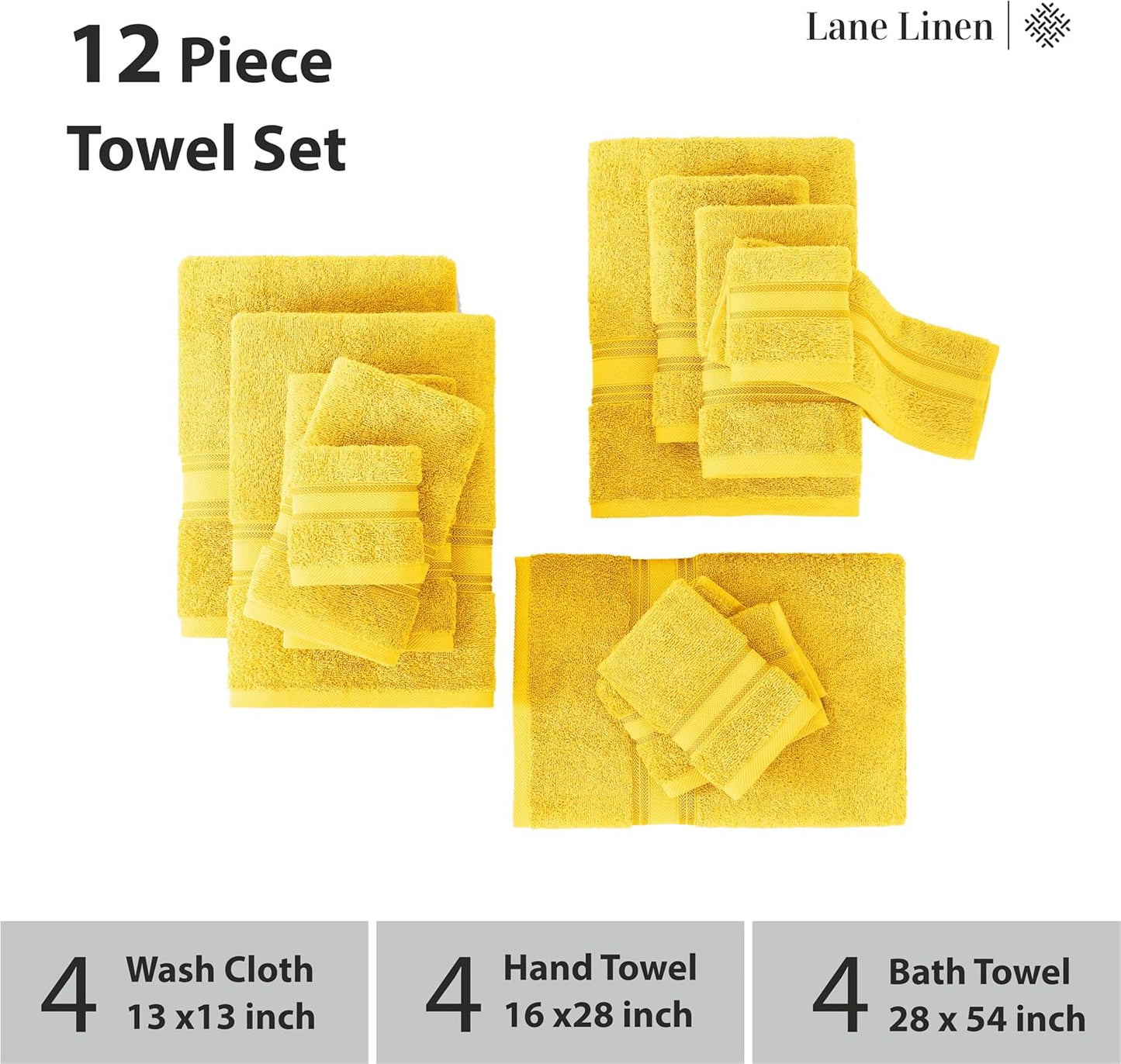 LANE LINEN 12 Pack Towels for Bathroom – 100% Mercerized Cotton, 4 Bath, 4 Hand & 4 Wash Cloth, Zero Twist Soft Towels, Oeko Tex Certified Hotel Quality Towel, Easy to Wash – Mimosa